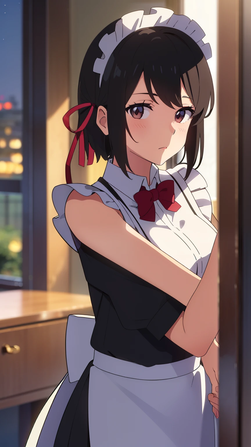 shinkai makoto, kimi no na wa.,1boy buzzcut, nude, hug from behind, breastgroping from behind, 1girl, bangs, black hair, short hair, blush, brown eyes, looking at the viewer, ((girl wear maid dress, short sleeves, short dress, short skirt, maid headdress)), Off-the-shoulders, red bow, red ribbon, cute,  imdoors, bedroom, night, upper-body