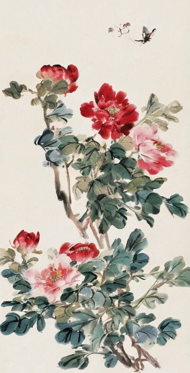 a painting of a flower with a dragonfly flying by, chinese painting style, traditional chinese art, traditional chinese painting, by Asai Chū, chinese style painting, chinese art, inspired by Wu Changshuo, traditional chinese watercolor, by Li Shan, by Li Di, chinese watercolor style, style of guo hua, by Nakahara Nantenbō