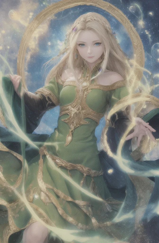 best quality, masterpiece, upper body,
(adult:1.6) ukrainian woman, (smirk:0.4),
braided blonde hair,
emerald eyes,
medieval sundress,
floating light particles, centered,