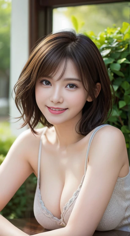 Tabletop、highest quality、figure、 Very detailed、In detail、 High resolution、8k wallpaper、Perfect dynamic composition、Cute 29 year old girl、Beautiful face in every detail、Detailed and cute eyes、Textured skin、Wavy short hair、A modest smile、Small breasts、Bold sexy pose、Sexy casual wear for spring、