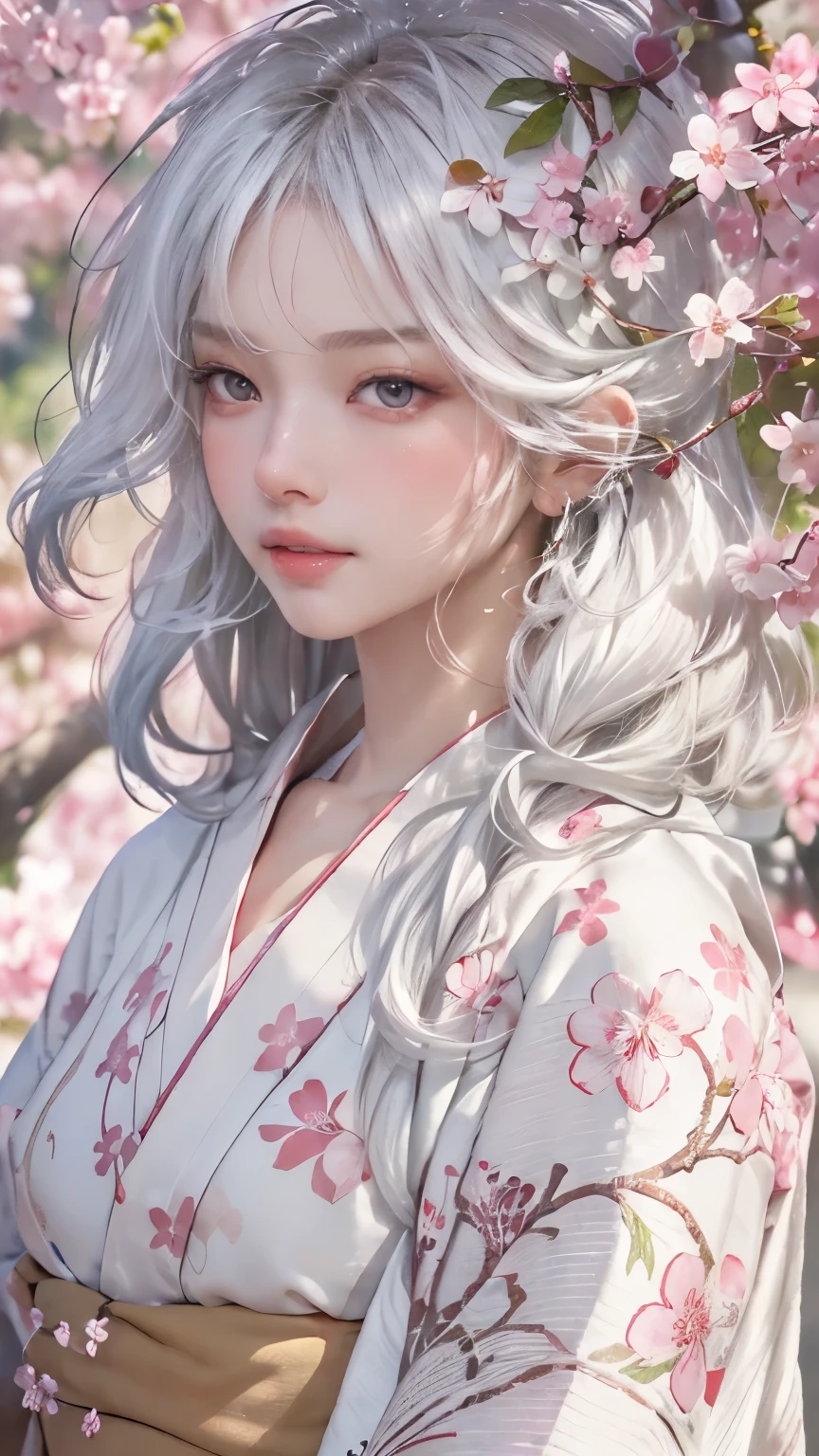 ((Hairstyled white hair:1.5))(Japan kimono with cherry blossom pattern:1.3), Symmetric, (highest quality, Photorealistic:1.4, Raw photo:1.2, Cinematic light, Highly detailed illustration), (1woman:1.3, alone), (Asian Girl, Very delicate face, Super beautiful face, Very delicate eyes, Ultra detailed nose, Very sophisticated mouth, Highly detailed facial features), woman, (Medium Bust:1.3), skin, Lip gloss, Laughter, Full Body View, High resolution, High resolution, 8k, Masterpiece 2:1, Skin Radiance, Glowing Skin, Young girl,（ Kyoto、Falling cherry blossoms）、off shoulder, shoulder blades、kimono
