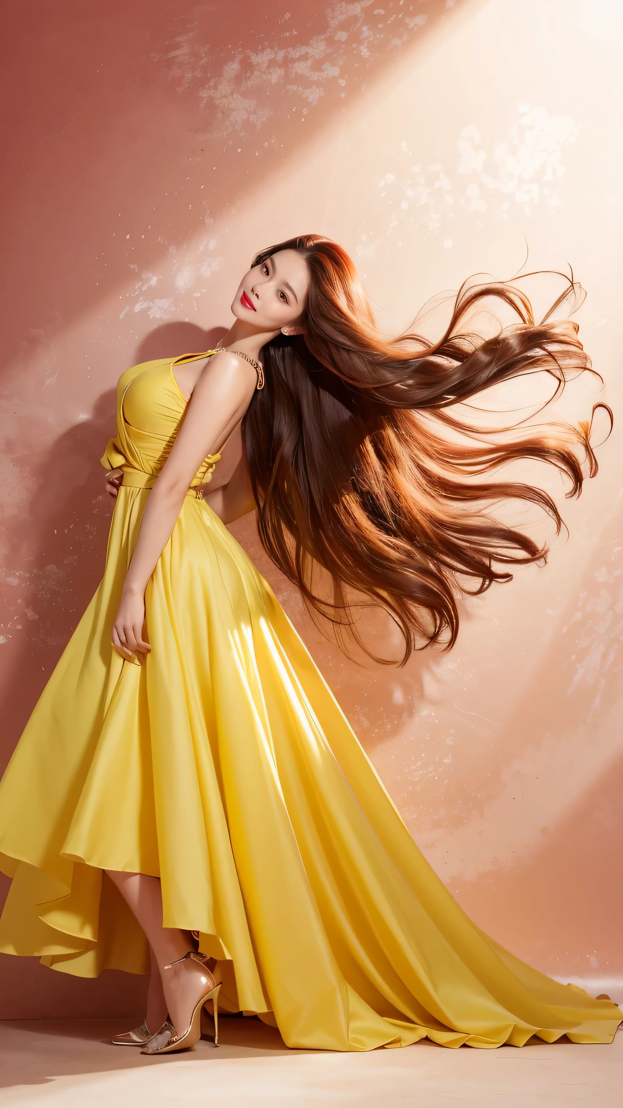 highest quality,masterpiece,Ultra-high resolution,(Actual:1.4),Original photo,Ultra-high resolution,8k,There are women,Fair skin,Exquisite makeup,Big waves of red lips,yellow and pink Dress,pink heels,Long legs,Bright and beautiful、Long straight hair_Hair reaching down to the waist,shy smile