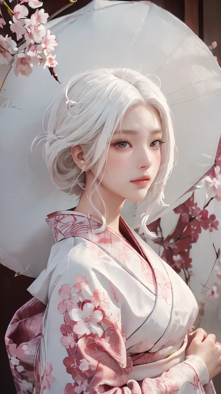 ((Hairstyled white hair:1.5))(Japan kimono with cherry blossom pattern:1.3), Symmetric, (highest quality, Photorealistic:1.4, Raw photo:1.2, Cinematic light, Highly detailed illustration), (1woman:1.3, alone), (Asian Girl, Very delicate face, Super beautiful face, Very delicate eyes, Ultra detailed nose, Very sophisticated mouth, Highly detailed facial features), woman, (Medium Bust:1.3), skin, Lip gloss, Laughter, Full Body View, High resolution, High resolution, 8k, Masterpiece 2:1, Skin Radiance, Glowing Skin, Young girl, Falling cherry blossoms、off shoulder, shoulder blades、kimono
