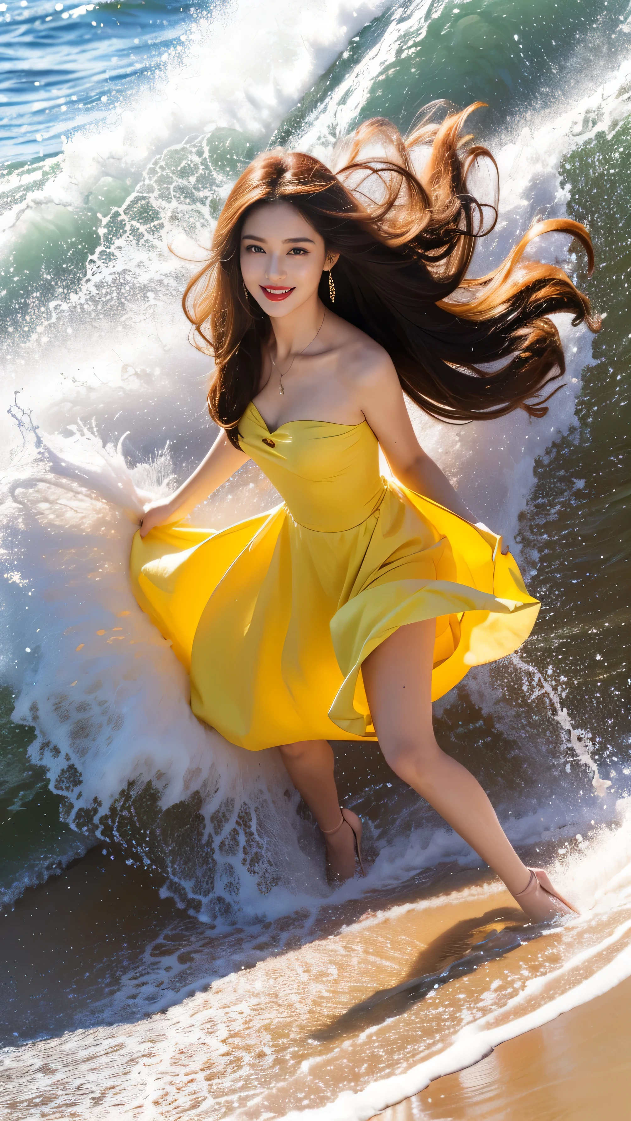highest quality,masterpiece,Ultra-high resolution,(Actual:1.4),Original photo,Ultra-high resolution,8k,There are women,Fair skin,Exquisite makeup,Big waves of red lips,yellow and pink Dress,pink heels,Long legs,Bright and beautiful、Long straight hair_Hair reaching down to the waist,shy smile