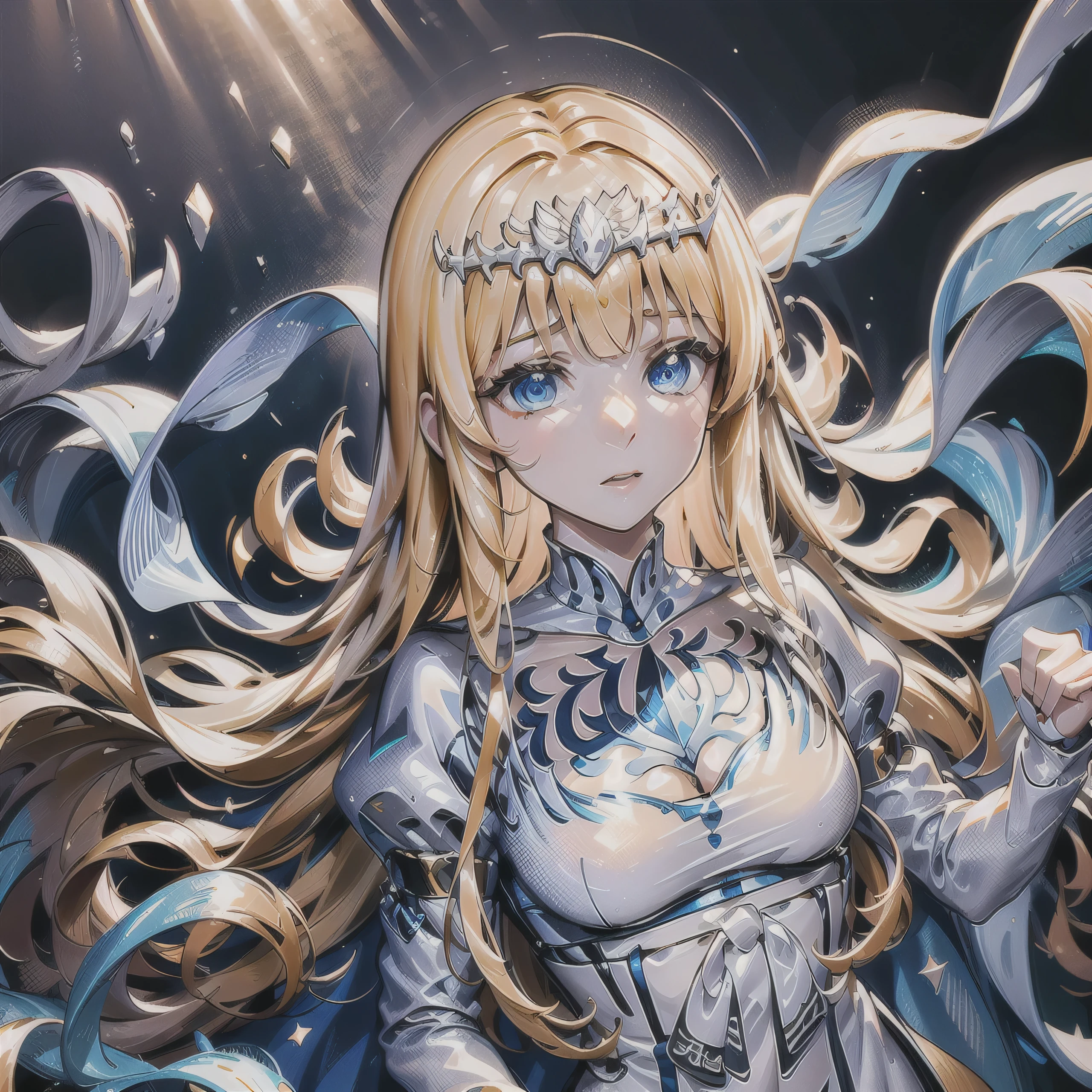 hands down, arms down, hands not showing, 1girl,solo, Calca, Calca Bessarez, blonde hair, extremely long hair, very long hair, white tiara, silver tiara, white dress, blue eyes, medium chest