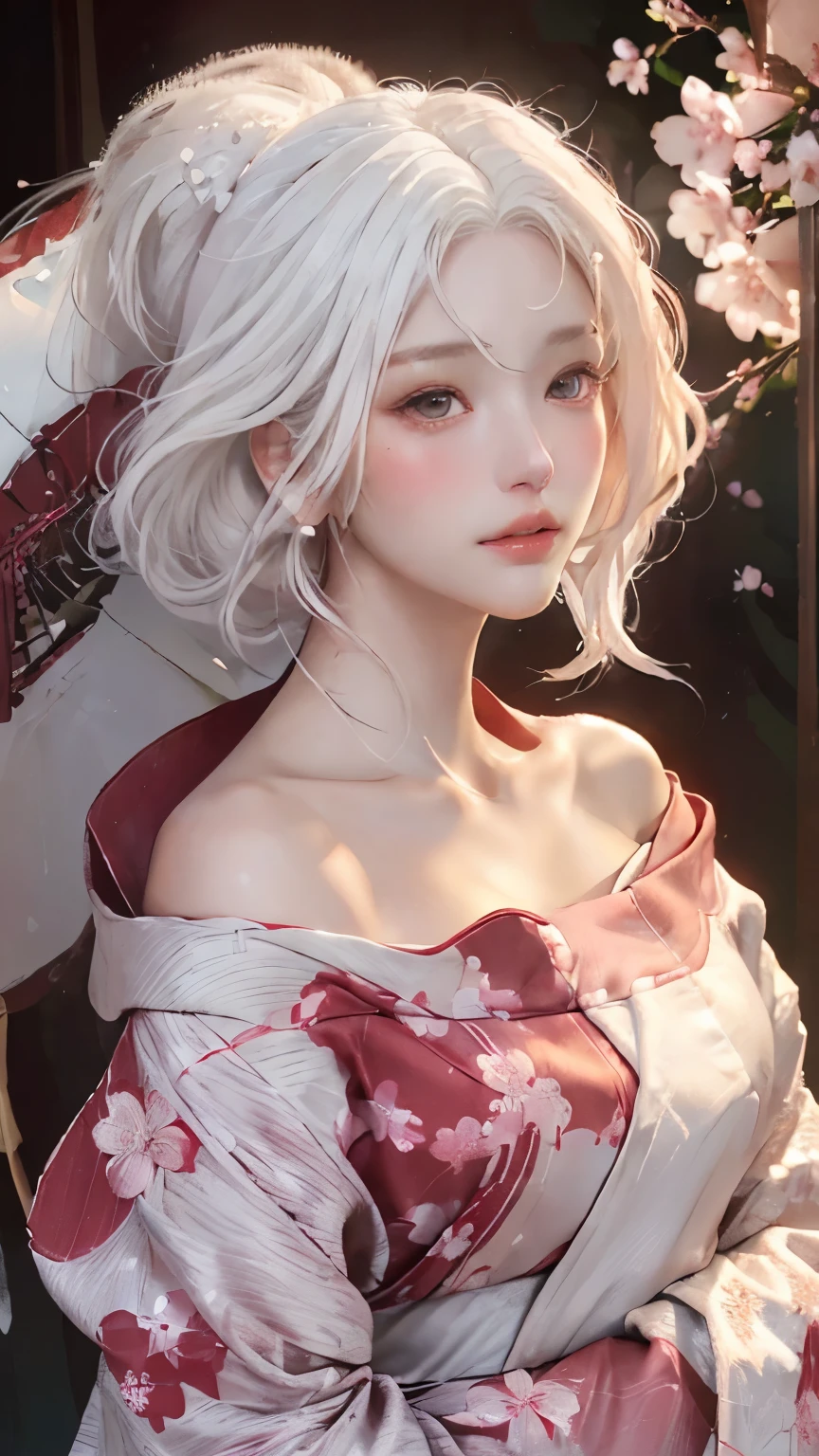 ((Hairstyled white hair:1.5))(Japan kimono with cherry blossom pattern:1.3), Symmetric, (highest quality, Photorealistic:1.4, Raw photo:1.2, Cinematic light, Highly detailed illustration), (1woman:1.3, alone), (Asian Girl, Very delicate face, Super beautiful face, Very delicate eyes, Ultra detailed nose, Very sophisticated mouth, Highly detailed facial features), woman, (Medium Bust:1.3), skin, Lip gloss, Laughter, Full Body View, High resolution, High resolution, 8k, Masterpiece 2:1, Skin Radiance, Glowing Skin, Young girl, Falling cherry blossoms、off shoulder, shoulder blades、kimono
