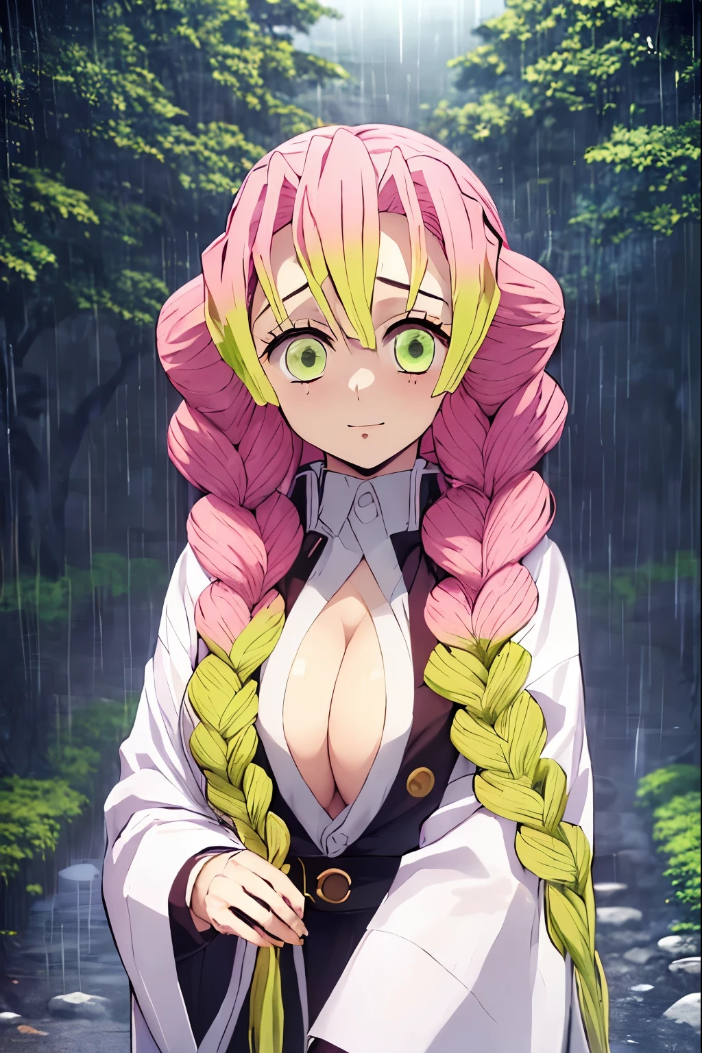 1girl, alone, mitsuri kanroji,masterpiece, top quality, best quality, (sexual), 1girl, (upper body), Mitsuri, (gradient hair color), (long hair), seductive expression, sultry face, (love goddess), green eyes, (erotic),, cleavage, (demon slayer uniform), white jacket, (forest), (dark forest), (rain), (ominous), perfect hands, perfect anatomy 