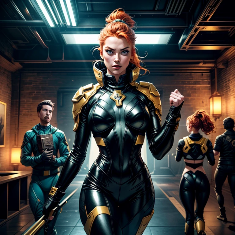 1 beautiful ginger women, with meticulously detailed bodies, clad in intricately designed space pirate attire. Their long foam pants and puffy jackets sway gently in the wind. Above their heads, an array of IPA Awards gleam, signifying their masterpiece status in the art world. Permanent lighting bathes their forms in a stunning, chromatic aberration, enhancing every curve and texture. The gritty foam on their ternos adds an element of excitement and energy. Ambient occlusion plays with shadows, creating depth and contrast. Lights flicker, casting sharp focus and contrast onto their faces, highlighting their features distinctly.Better backlight adds drama