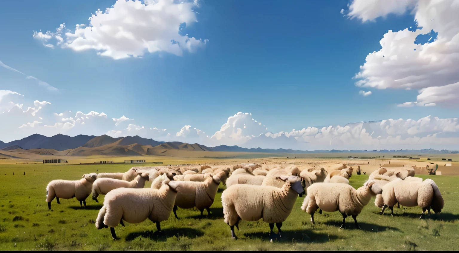 Many Tan sheep grazing on grassland against sky background,Blue sky and white clouds,Bright Light,Ningxia, China, In the distance is the desert,photography,8k,HD,photo,((best quality)), ((masterpiece)), (detailed), perfect face