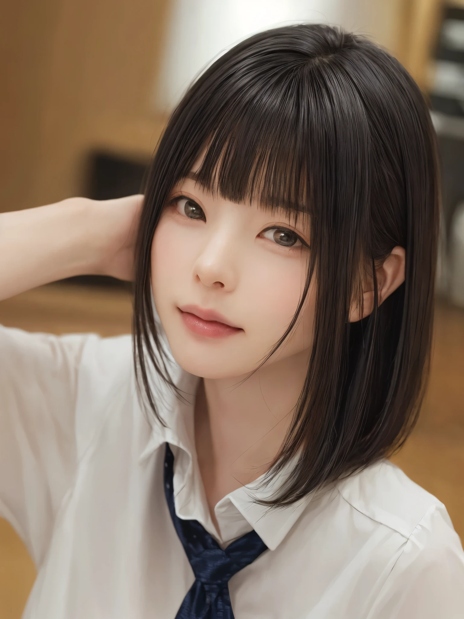 (masterpiece:1.3), (Realistic, RAW Photos, highest quality: 1.4), (One Girl), Beautiful Face, (超Realistic Face、シンメトリーのBeautiful Face), (Short black hair, short hair:1.6、bangs:1.3、Show off your beautiful ears), Beautiful hairstyle, (Realistic eyes), Beautiful details, Long eyelashes, (Realistic Skin), Beautiful Skin, [Big Breasts:1.3], (Perfect body:1.3), (Detailed body:1.2), (tie), (Collared shirt, Pleated skirt:1.3), Absurd, charm, Ultra-high resolution, Ultra-realistic, Very detailed, Golden Ratio,Very cute beautiful woman、28 years old