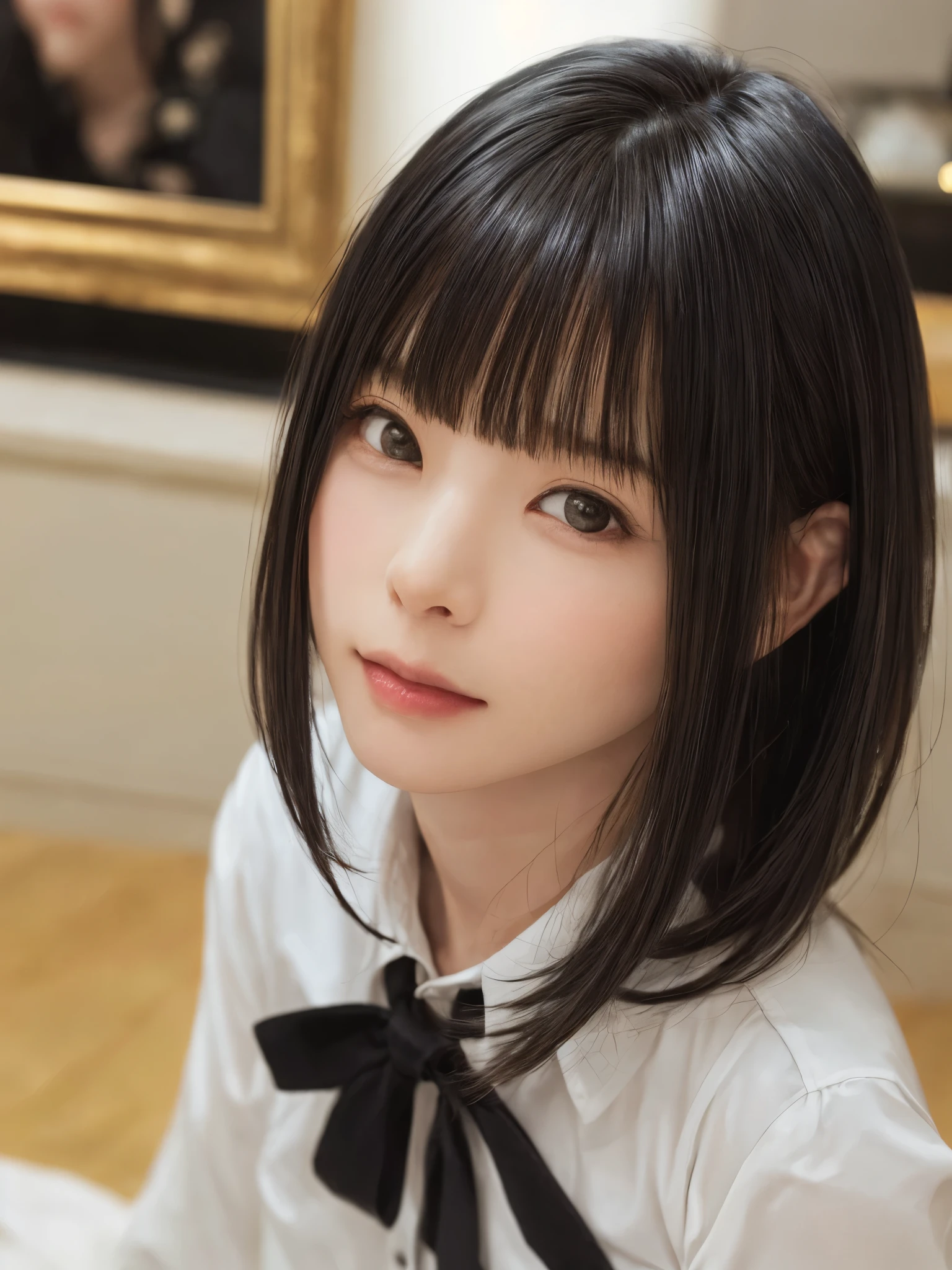 (masterpiece:1.3), (Realistic, RAW Photos, highest quality: 1.4), (One Girl), Beautiful Face, (超Realistic Face、シンメトリーのBeautiful Face), (Short black hair, short hair:1.6、bangs:1.3、Show off your beautiful ears), Beautiful hairstyle, (Realistic eyes), Beautiful details, Long eyelashes, (Realistic Skin), Beautiful Skin, [Big Breasts:1.3], (Perfect body:1.3), (Detailed body:1.2), (tie), (Collared shirt, Pleated skirt:1.3), Absurd, charm, Ultra-high resolution, Ultra-realistic, Very detailed, Golden Ratio,Very cute beautiful woman、28 years old