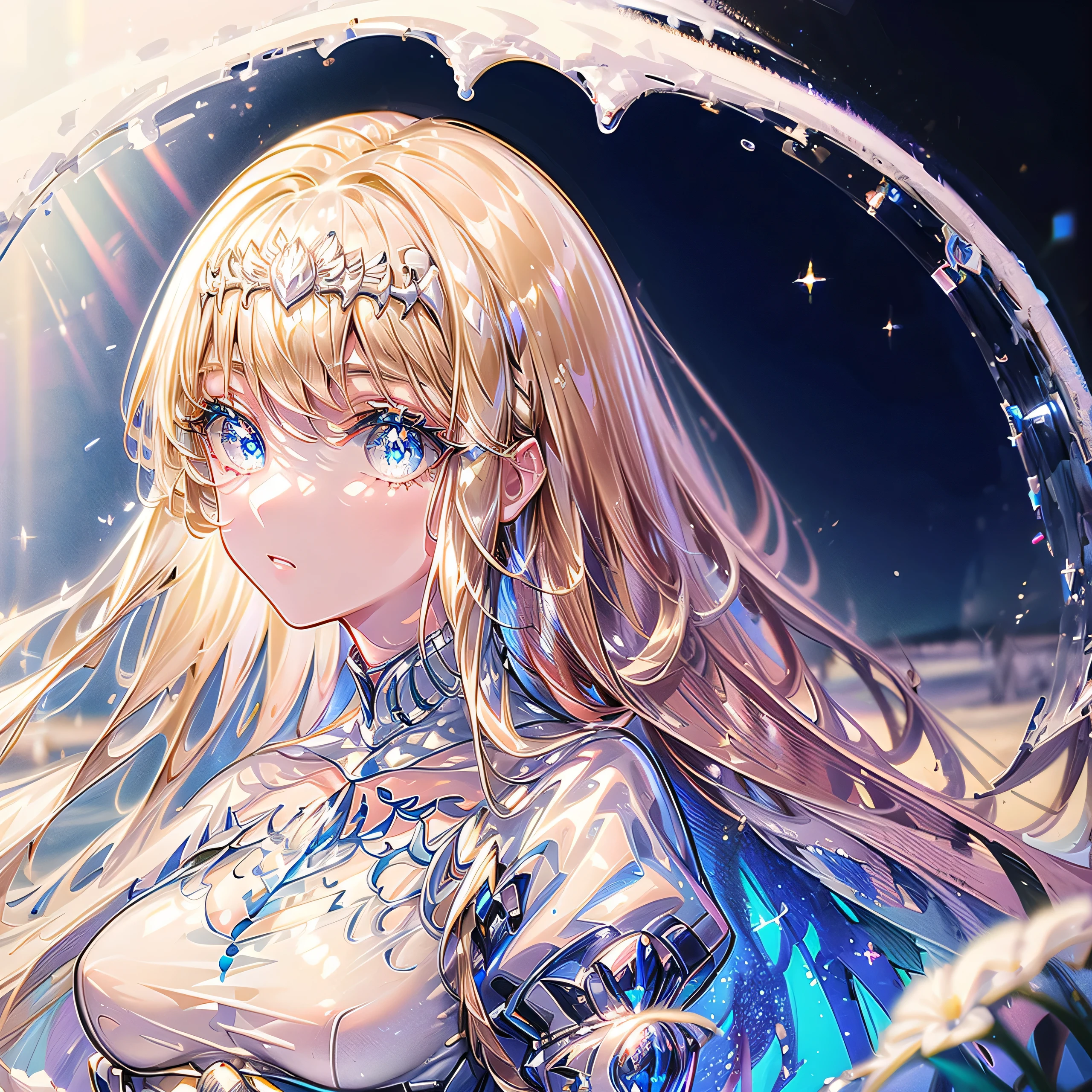 (masterpiece、8K、top-quality)、(Soft light:1.3), Detailed face, Detailed eyes, Dress, beautiful digital works of art, landscape, Back Light, Many flowers, forest, Sparkling eyes, Winters, Warm, Warm light, Snow, 1girl,solo, Calca, Calca Bessarez, fresh blonde hair, golden hair color, yellow hair, extremely long hair, very long hair, white tiara, silver tiara, white dress, blue eyes, medium chest