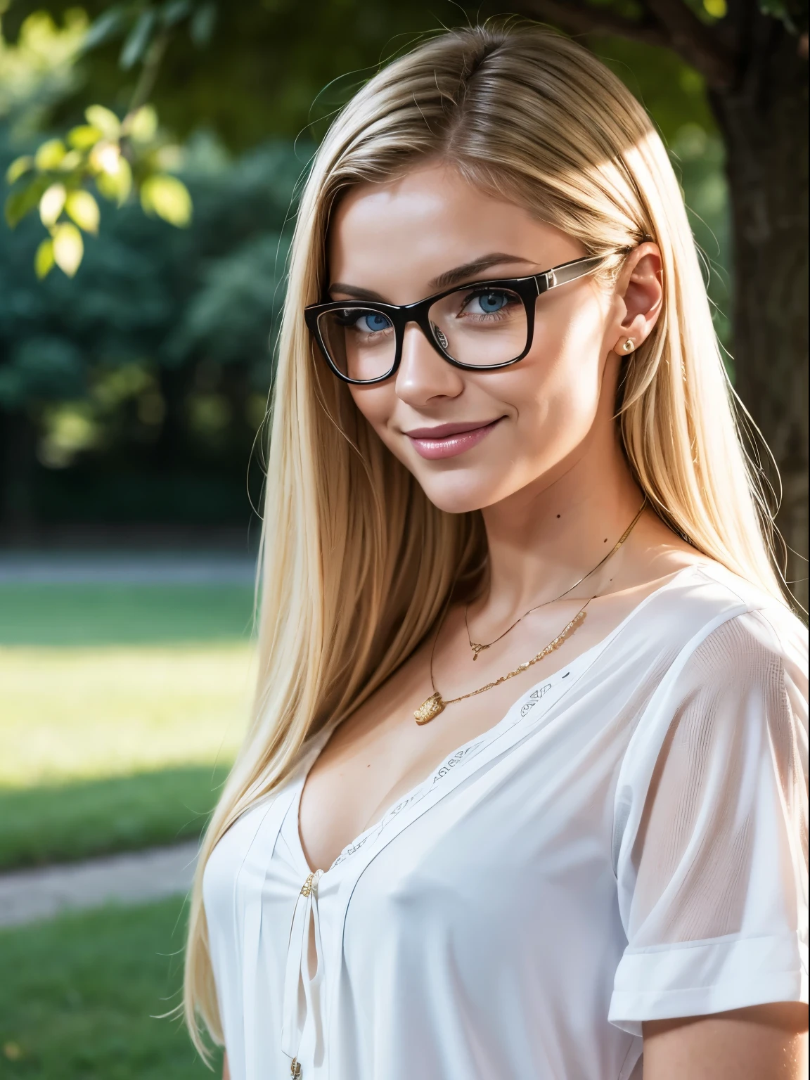 (Meisterwerk), (best quality), (realistisch), (Pretty+(weiblich)+((Pretty))+unschuldig), blonde kurze lockige Haare, (Kristallblaue Augen), wears glasses, wunderPrettye Augen, Mandel Augen, Happy eyes, 40 Jahre, (weiblich curves), (runde Wangen), dimple, Abgerundetes Kinn, (Anbetung Ausdruck), kleine Nase, 160 cm, smiling, rote Lippen, trägt ein wunderPrettyes trägerloses weißes Kleid, Kopfschuss