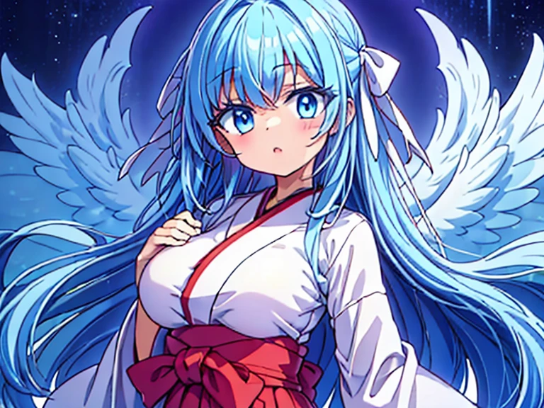 highest quality　High resolution　White ribbon　Shoelace knot、Reaching Out,close-up head　 シンプルなShrine maiden服　Shrine maiden服　Anime style illustrations　Shrine maiden　cute　Big Breasts　Scarlet hakama　Bright Blue Eyes　Hime cut 　One Woman　Light blue hair　semi-long　Wide sleeves　Long hem　cute目　Fantastic background