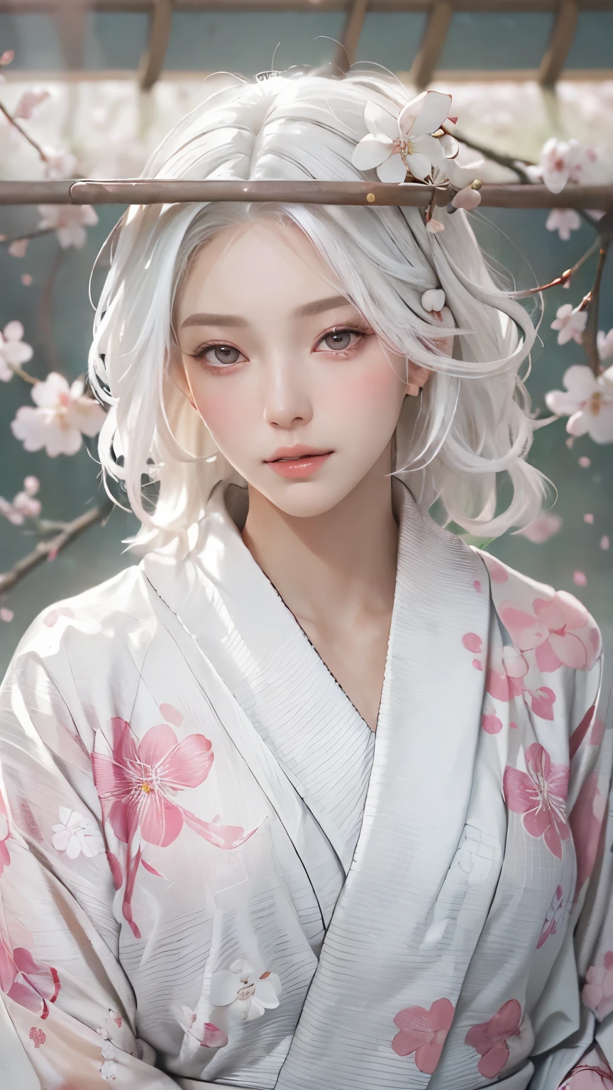 ((Hairstyled white hair:1.5))(Japan kimono with cherry blossom pattern:1.3), Symmetric, (highest quality, Photorealistic:1.4, Raw photo:1.2, Cinematic light, Highly detailed illustration), (1woman:1.3, alone), (Asian Girl, Very delicate face, Super beautiful face, Very delicate eyes, Ultra detailed nose, Very sophisticated mouth, Highly detailed facial features), woman, (Medium Bust:1.3), skin, Lip gloss, Laughter, Full Body View, High resolution, High resolution, 8k, Masterpiece 2:1, Skin Radiance, Glowing Skin, Young girl, Falling cherry blossoms、off shoulder, shoulder blades、kimono
