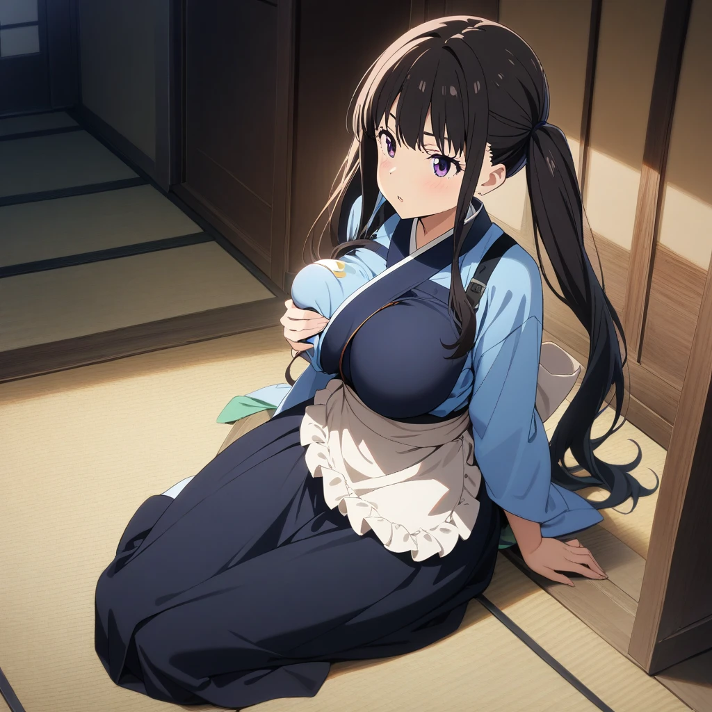 1girl, inoue takina, lycoris recoil, long hair, bangs, twintails, black hair, (purple eyes:1.2), japanese clothes, kimono, apron, waist apron, blue kimono, waitress, Sitting, (between breast:1.3), full body, masterpiece, best quality, very aesthetic, absurdres