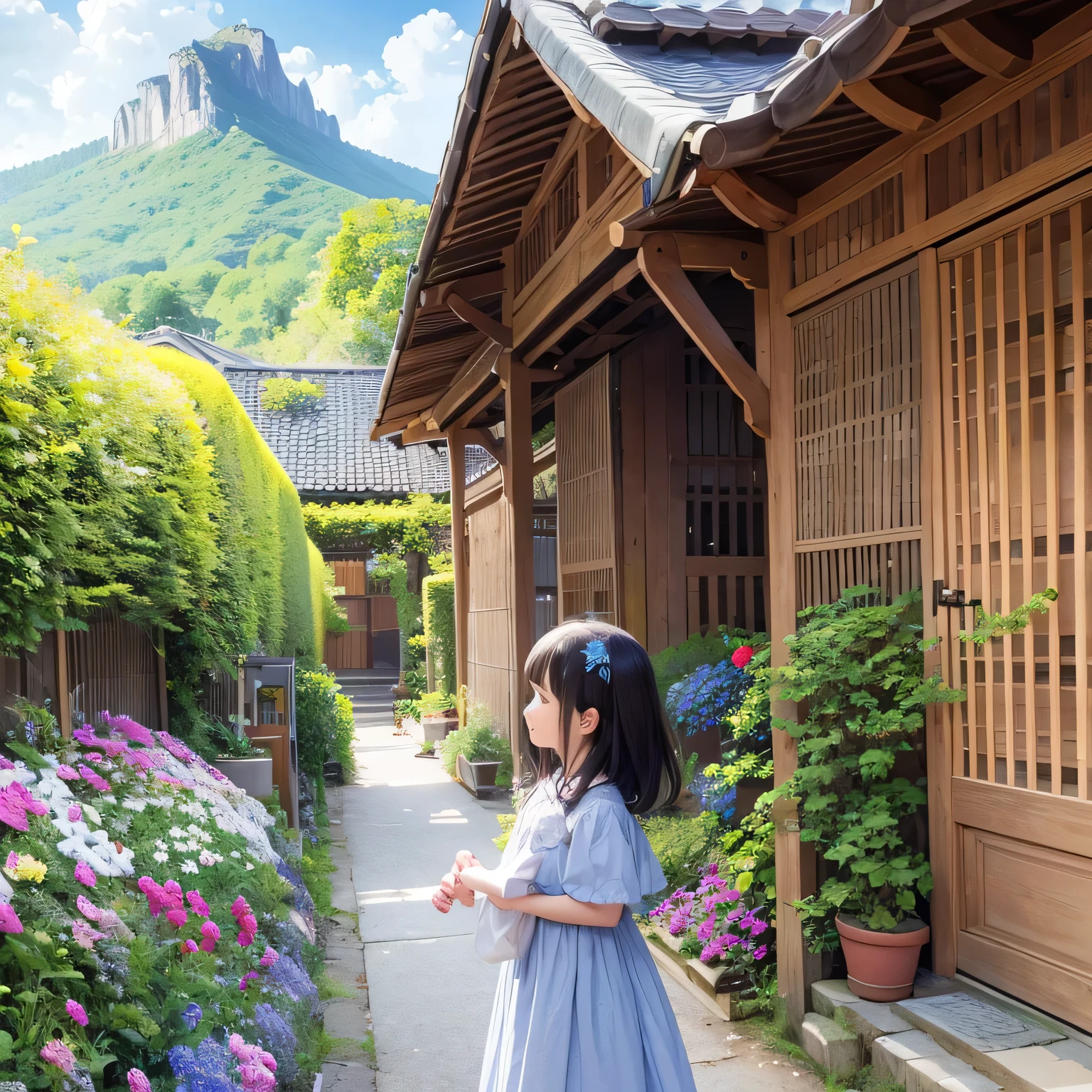 (ocean View) The girl inside(Calm) Country garden, Lush greenery and vibrant flowers々Surrounded by. she(Wooden bench) and a(Soft cushion) While she gazes into the distance. The garden is located at the foot of a majestic mountain..(range) Getting to the sky, and its peaks covered in a blanket of(Wispy clouds). girl is wearing(Flowy summer dress) It matches perfectly with the colors of the flowers blooming around her.. she(Beautiful details) shine and curiosity and wonder as she takes in the breathtaking(View) Before she. The light of the sun shines through the leaves, casting(Mottled shadows) On the ground. The air is filled and the sweet scent of blooming flowers and the gentle sound of birds chirping. The scene is warm(colorful) Shine, Create a sense of peace and tranquility. girl&#39;Hair is dancing(Wind), adding to the Calm atmosphere of the place. This work、(Computer-generated image) technology, and a focus on(Very detailed) Element and(Realistic) style. The colors are vibrant and lively, Bringing the scene to life. The lighting is soft、(Light of the sun), Highlight the natural beauty of your surroundings. Overall image quality is the best, and(4K resolution), capturing even the finest details and(Ultra-high resolution) Accuracy. This masterpiece of art combines the beauty of nature and the innocence and wonder of youth, Create truly compelling visual experiences.Spread your arms
