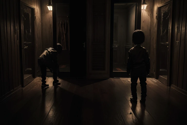 (masterpiece:1.4),best quality,ultra high res,(photo realistic:1.6),(horror:1.6),boy and girl twins,Wooden floor,scared,Fear,eerie,dimly lit,dark,darkness,spooky,weird,ominous,ephemeral,gloomy,(night:1.6),(midnight:1.6),shadow,