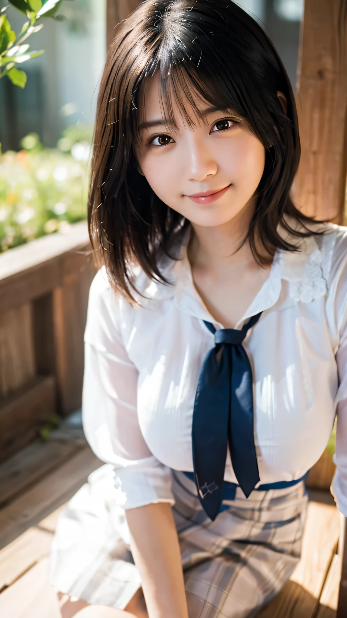 (highest quality,masterpiece:1.3,Ultra-high resolution),(Super detailed,Caustics,8k),(Photorealistic:1.4,RAW shooting),Japanese,23 years old,cute,Are standing,(Smiling and looking at the camera),Black Hair Middle Hair,Big Breasts,White blouse,Knee-length skirt,Street,Low - Angle,Cowboy Shot,Face Focus,Face close up,Soft sunlight,Natural light