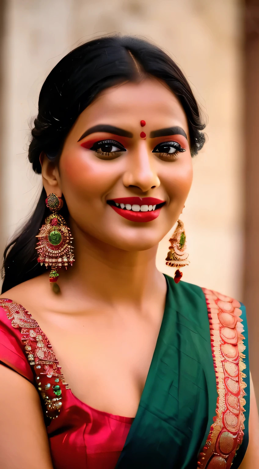 a close up of a woman in a red and green outfit,dusky look, traditional beauty, traditional makeup, dramatic smile pose intricate, with professional makeup, face, candid picture, indian, traditional, with a beautifull smile, photo taken with nikon d 7 5 0, photo taken with nikon d750, candid photograph, joyful look,