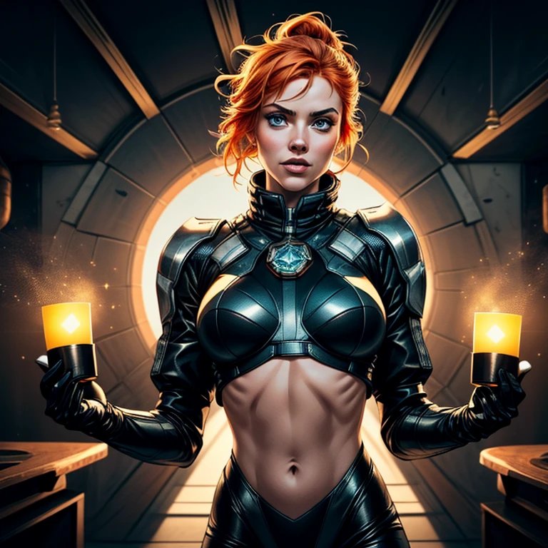 1 beautiful ginger women, with meticulously detailed bodies, clad in intricately designed space pirate attire. Their long foam pants and puffy jackets sway gently in the wind. Above their heads, an array of IPA Awards gleam, signifying their masterpiece status in the art world. Permanent lighting bathes their forms in a stunning, chromatic aberration, enhancing every curve and texture. The gritty foam on their ternos adds an element of excitement and energy. Ambient occlusion plays with shadows, creating depth and contrast. Lights flicker, casting sharp focus and contrast onto their faces, highlighting their features distinctly.Better backlight adds drama
