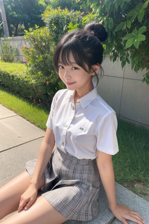 8k,masterpiece,Japanese,9--old l,from the front,smile,cute,Kind eyes,Childish,Plain white shirt,Three buttons open on the chest, Short sleeve,Grey checked short skirt,Semi-long bun hair,Hair blowing in the wind,Black Hair,Somewhat strong wind,noon,bright,Sitting with legs apart, I can see the white pants, Arms pressed together