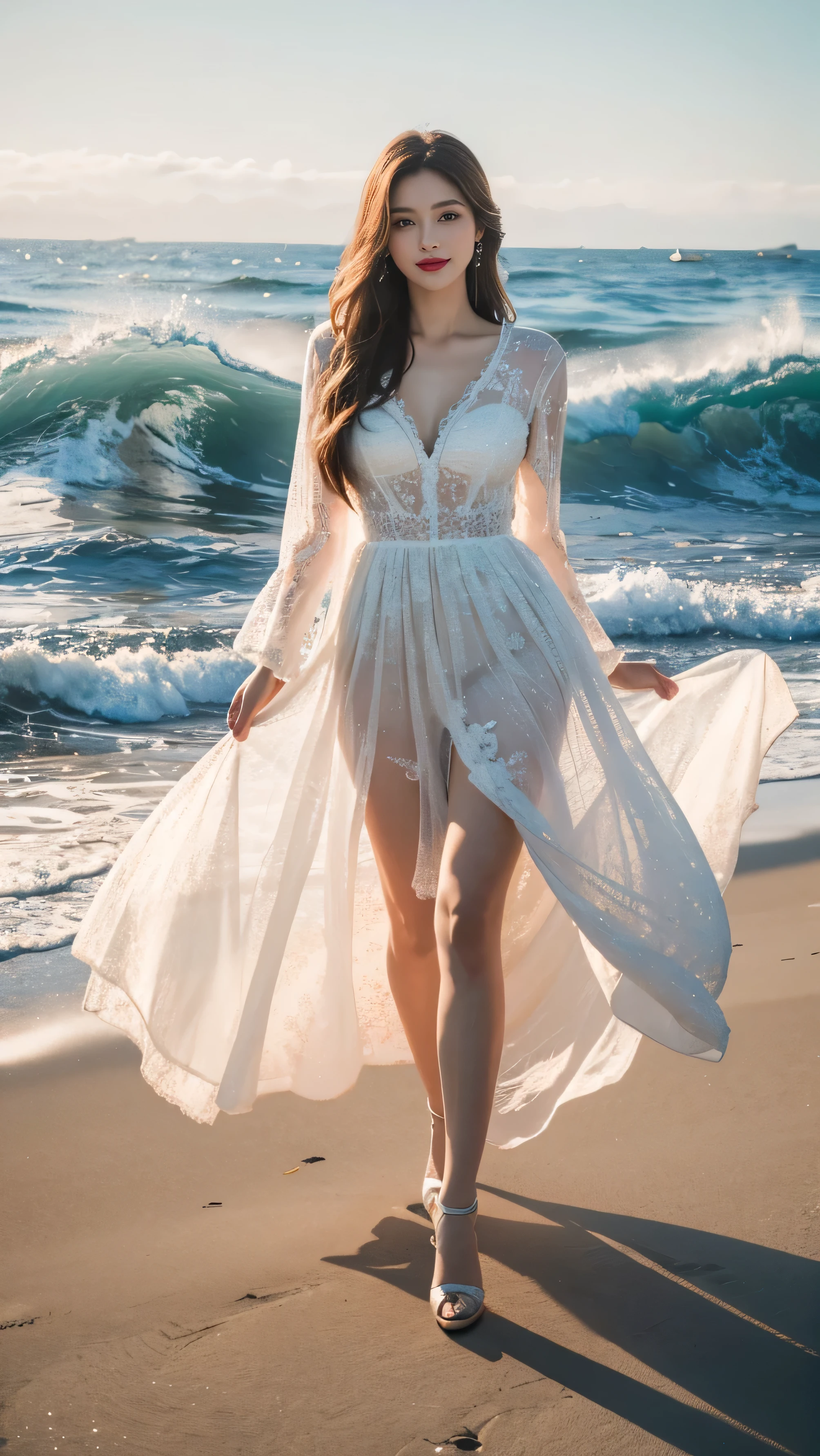 highest quality,masterpiece,Ultra-high resolution,(Actual:1.4),Original photo,Ultra-high resolution,8k,There are women,Fair skin,Exquisite makeup,Big waves of red lips,Flowing white dress decorated with intricate silver embroidery_long sleeve_Thin,pink heels,Long legs,Bright and beautiful、Long straight hair_Hair reaching down to the waist,shy smile