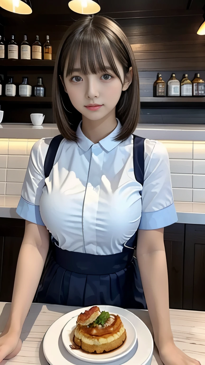 highest quality,8k,masterpiece,High resolution,The background is a cafe,Three Women,Cafe clerk costume,Large breasts、Bob Cut Hair