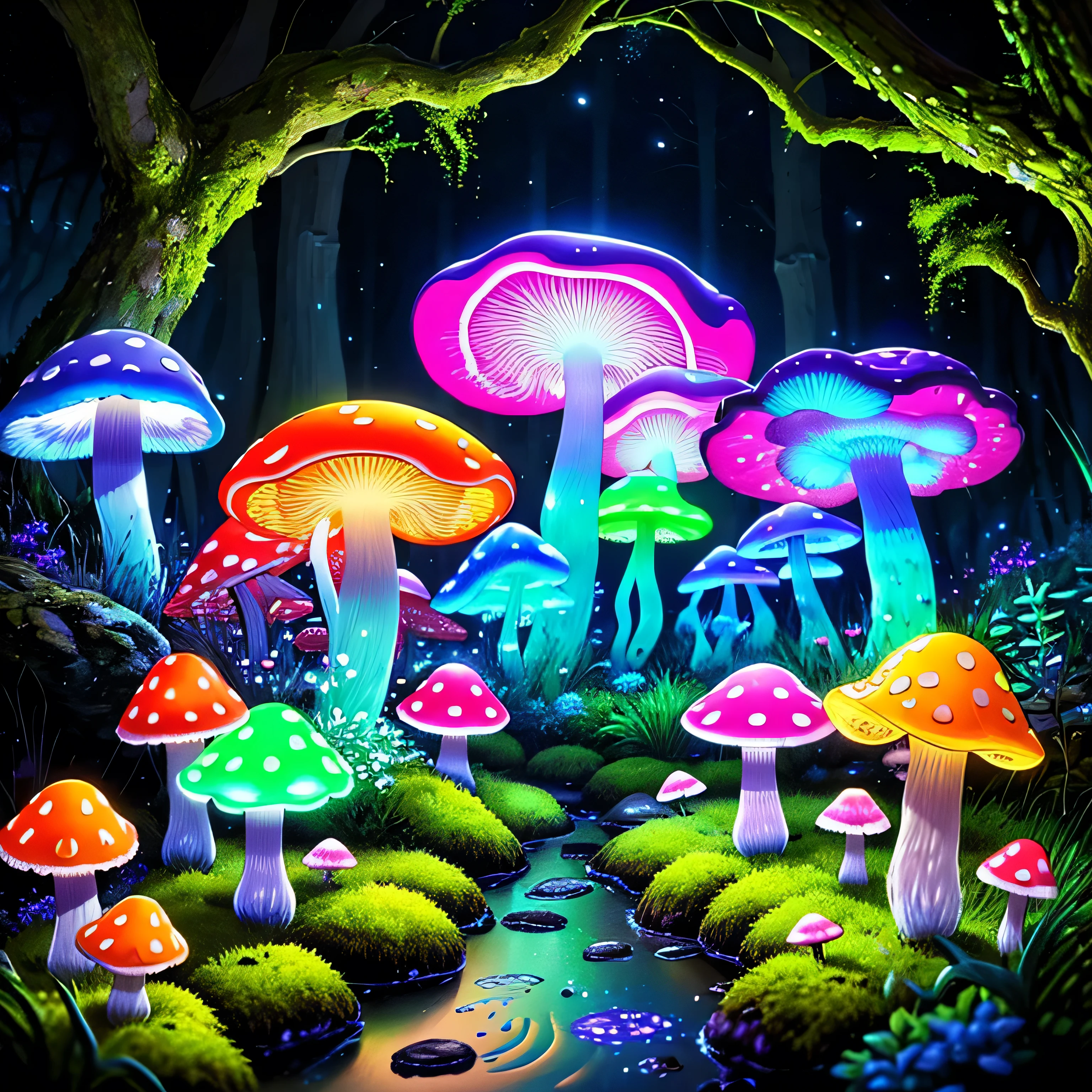 (Very detailed:1.2),(highest quality:1.2),8k,Sharp focus, (Scattered beneath the surface of the water:1.1)、Forest road、(Forest roadが長く続いている)、(Glowing magical bioluminescent mushrooms:1.2),psychedelic magic particles in the air, (neon bioluminescent mushroom forest at night:1.2), (magic firefly:1.2) (Very detailed trees、rocks and moss:1.2), (Very detailed background:1.3), roleplaying game, Eldon Ring Style, (Fantasy:1.3),(Surreal:1.1), (((night))), Cinema Lighting, Very detailed, Art Station,Smooth, Sharp focus, Types of bacteria, Greg Lutkoski, edited pick, trending on Art Station, Trending on deviantart, Knock me out, (Compared:0.4),