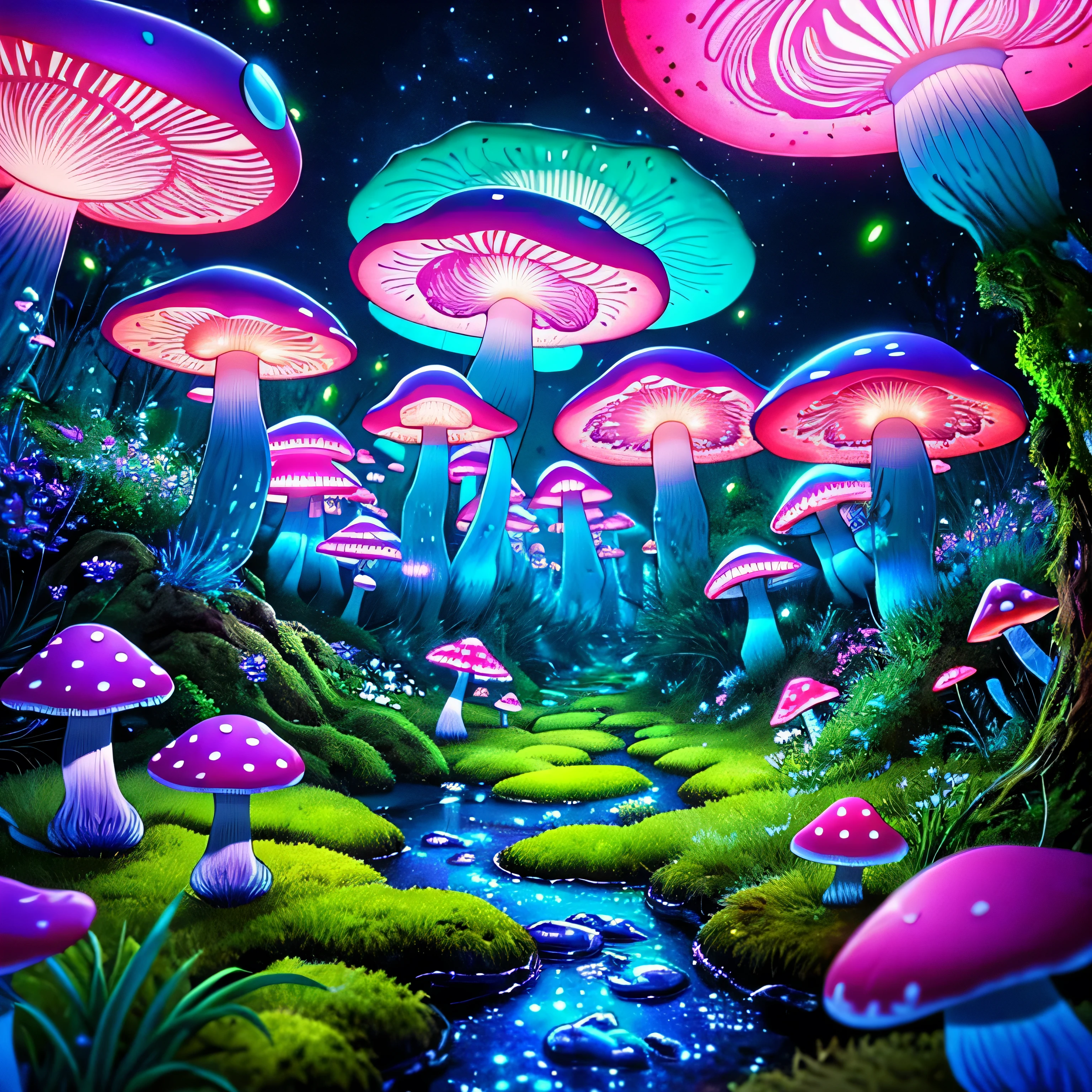 (Very detailed:1.2),(highest quality:1.2),8k,Sharp focus, (Scattered beneath the surface of the water:1.1)、Forest road、(Forest roadが長く続いている)、(Glowing magical bioluminescent mushrooms:1.2),psychedelic magic particles in the air, (neon bioluminescent mushroom forest at night:1.2), (magic firefly:1.2) (Very detailed trees、rocks and moss:1.2), (Very detailed background:1.3), roleplaying game, Eldon Ring Style, (Fantasy:1.3),(Surreal:1.1), (((night))), Cinema Lighting, Very detailed, Art Station,Smooth, Sharp focus, Types of bacteria, Greg Lutkoski, edited pick, trending on Art Station, Trending on deviantart, Knock me out, (Compared:0.4),