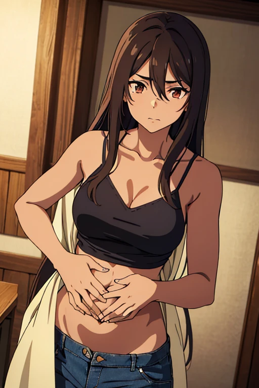((best quality)), ((masterpiece)), (detailed), perfect face, brown skin anime girl in a deep V Neck crossover cami top, (jeans trousers), famished in hunger, (gently resting hands on stomach), (long hair), (hands on her stomach)