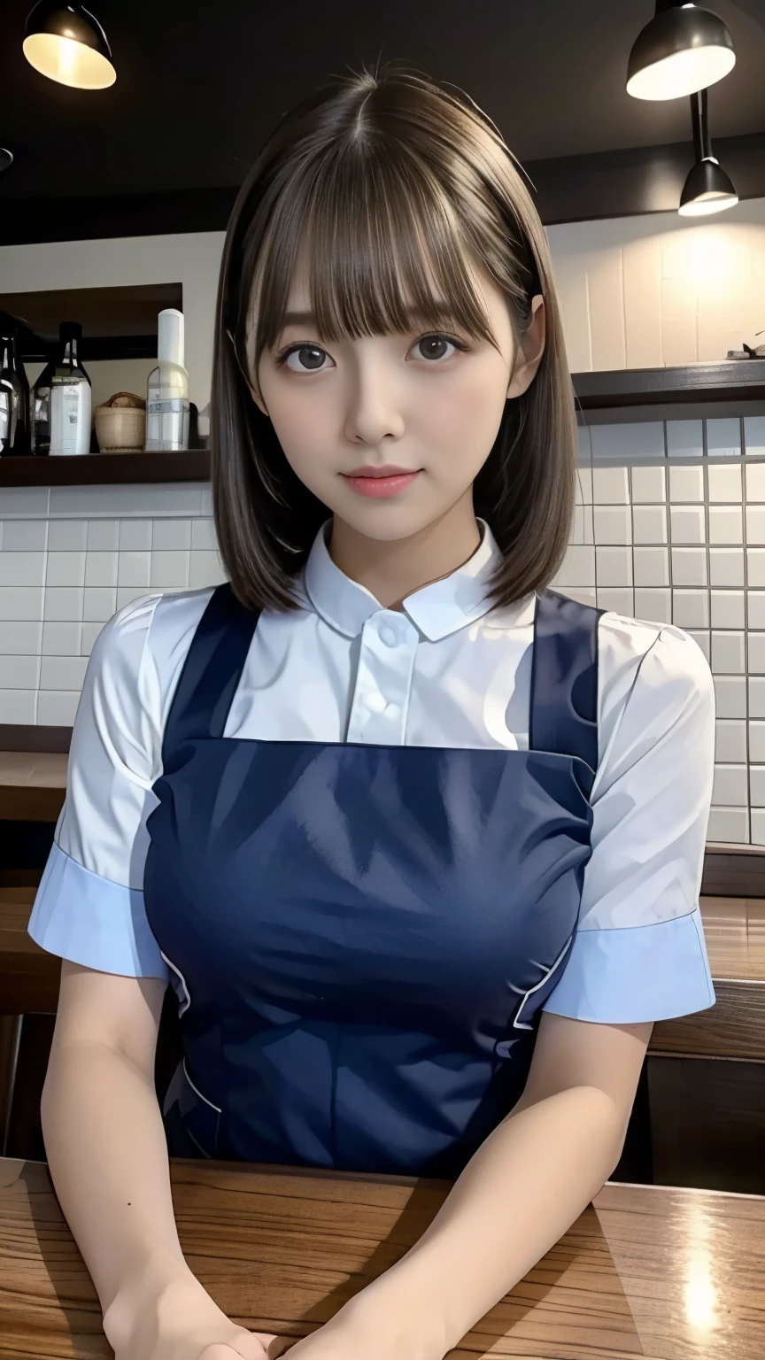 highest quality,8k,masterpiece,High resolution,The background is a cafe,Three Women,Cafe clerk costume,Large breasts、Bob Cut Hair