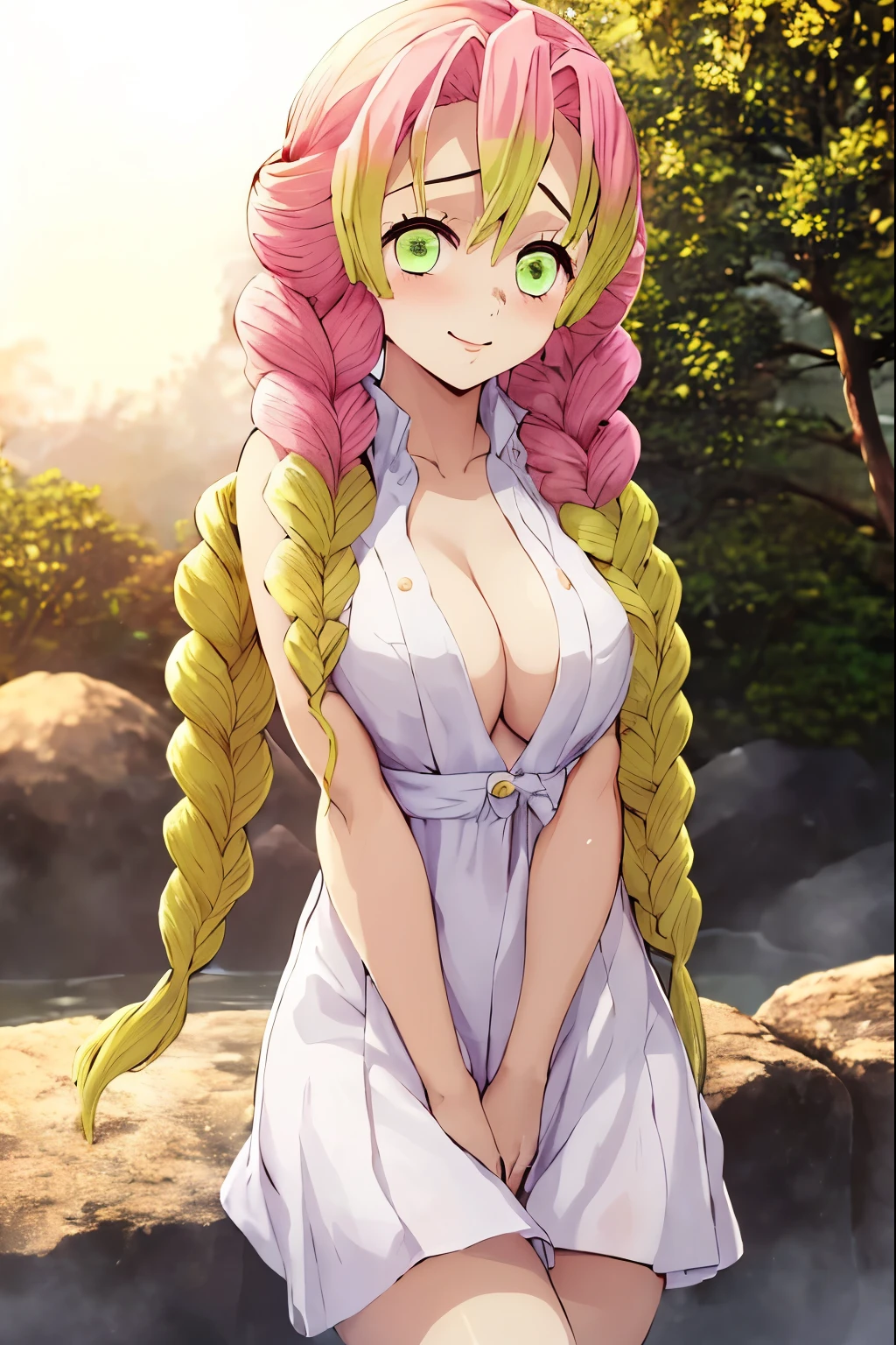  1girl, alone, mitsuri kanroji, full body, standing behind hot spring, shy, blushing,, (best quality, 16k, 8k, ultra highres, absurdres, highres, professional artwork:1.2), perfect hands, perfect anatomy,,(sexual), (upper body), Mitsuri, (gradient hair color), (long hair), seductive expression, sultry face, (love goddess), green eyes, (erotic),