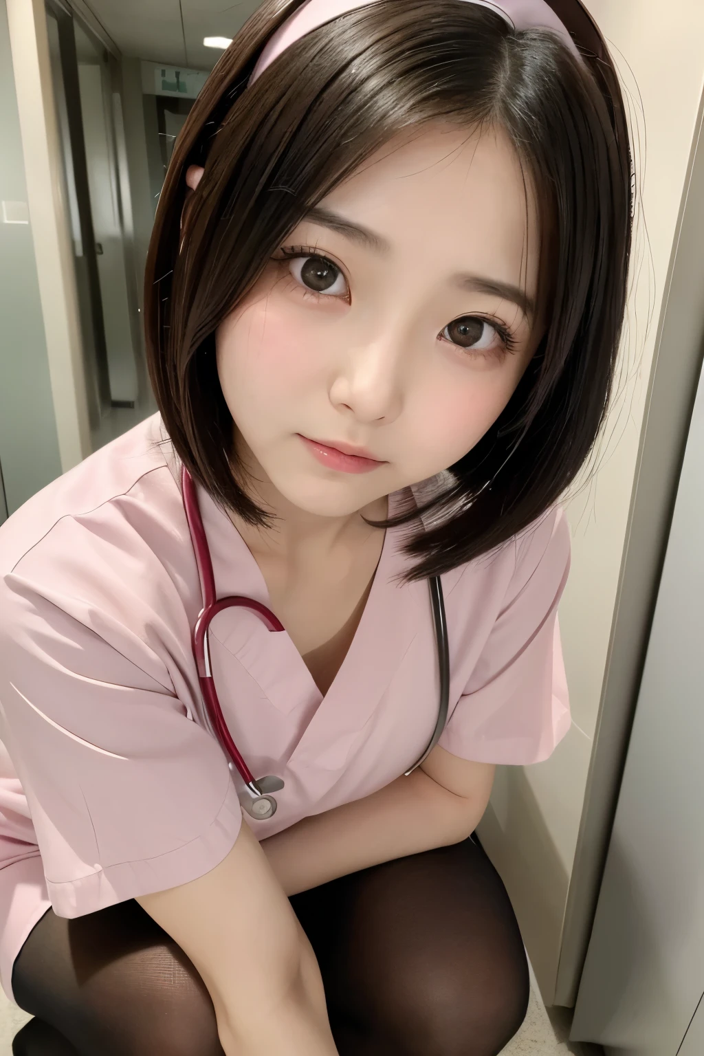 (1 Girl)、(Beautiful Japanese、18years old,round face、Refreshing、clear、seems kind、stylish、Pitiful、cute like an angel、cute、black eyes、,actress,Almond-shaped eyes), Good style , (Beautiful big breasts:1.0),(soft breasts),(very cute),(Black hair),(short bob hair),(enchanting eyes),(highlight on eyes:1.2)、(8K、Live shooting、highest quality、masterpiece:1.2、optimal lighting)、((masterpiece)),(Photo taken by a professional photographer),(real、photo real:1.4),break,{ (pink nurse costume),(((taraditional nurse uniform))),(pink nurse mini skirt),(( pantyhose)),(cleavage:0.7)},(Shy:1.3),(tears:1.4),(cheeks are red:1.2), break, break,Hospital,Face shot:1.3、Hospital corridor、Looking at viewer, face close-up,from below,squatting