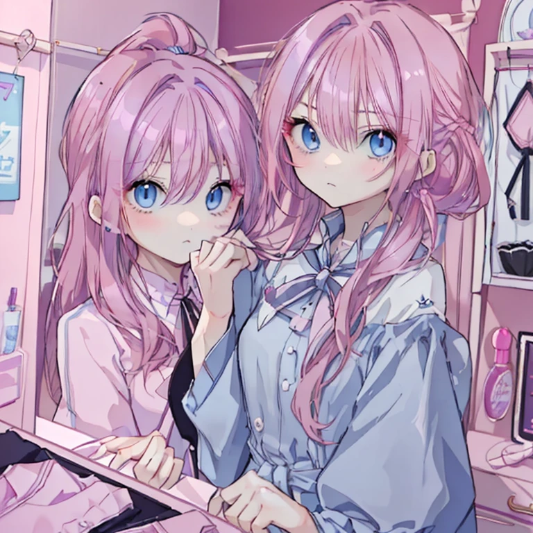 Pink Hair,Blue Eyes,Sharp Eyes,Serious long expression,ponytail,Long Hair,Girl tying hair,In front of the dresser,Lots of cosmetics,gorgeous,A lady-like room,