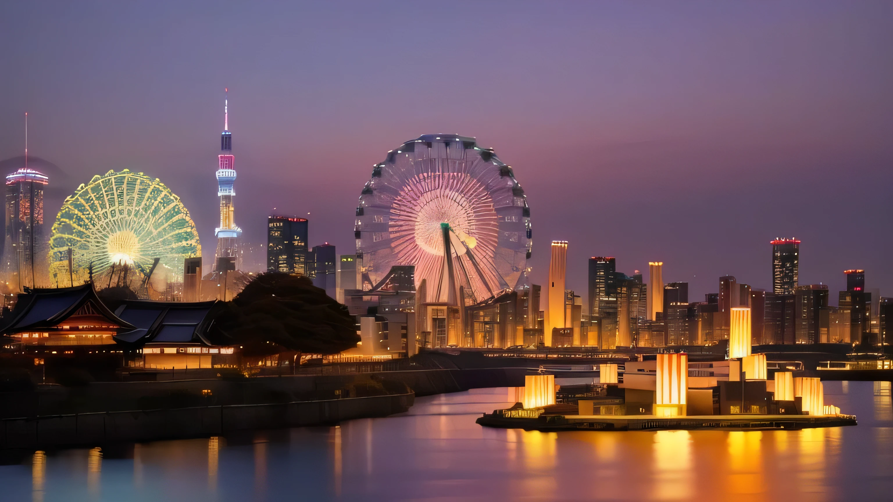 A city skyline illuminated by the AraFly with the Ferris wheel in the distance, Tokyo city in the background, Skyline view, Tokyo in the background, Tokyo prefecture, Japanese cities at night, Tokyo city, Tokyo japan, Tokyo at night, Japanese cities, Tokyo, Downtown Japan, Beautiful city of the future, Surrounding the city, City view, new Tokyo, Japan at Night