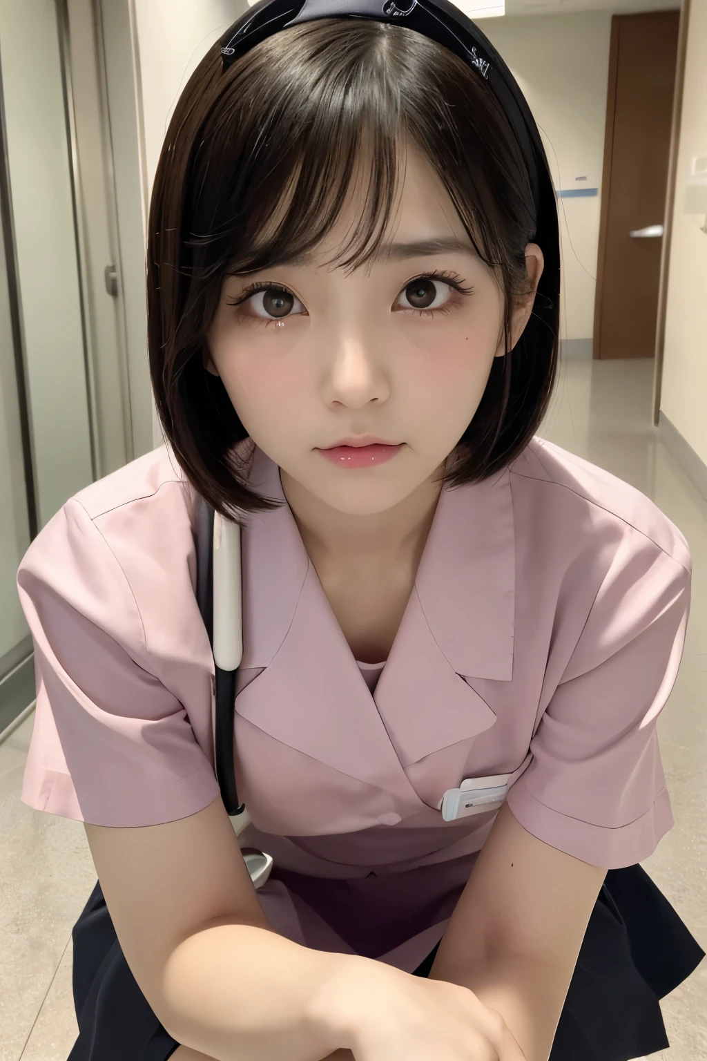(1 Girl)、(Beautiful Japanese、18years old,round face、Refreshing、clear、seems kind、stylish、Pitiful、cute like an angel、cute、black eyes、,actress,Almond-shaped eyes), Good style , (Beautiful big breasts:1.0),(soft breasts),(very cute),(Black hair),(short bob hair),(enchanting eyes),(highlight on eyes:1.2)、(8K、Live shooting、highest quality、masterpiece:1.2、optimal lighting)、((masterpiece)),(Photo taken by a professional photographer),(real、photo real:1.4),break,{ (pink nurse costume),(((taraditional nurse uniform))),(pink nurse mini skirt),(( pantyhose)),(cleavage:0.7)},(angry:1.3),(tears:1.4),(cheeks are red:1.2), break, break,Hospital,Face shot:1.3、Hospital corridor、Looking at viewer, face close-up,from below,squatting