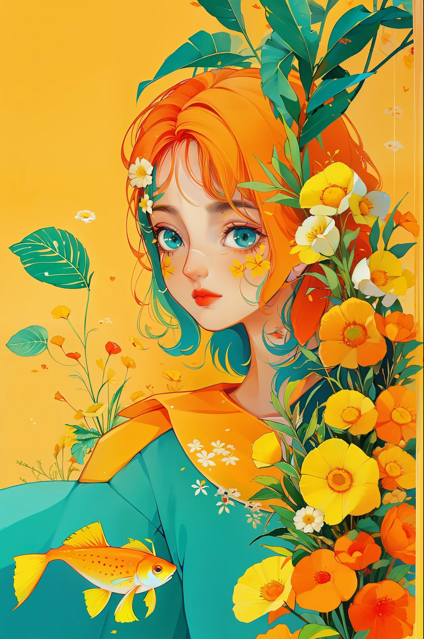 yxycolor,melhor qualidade, obra de arte, extremamente detalhado, fundo detalhado, flor, Sozinho, peixe, beta, yellow flor, orange flor, corar, green fita, babados, franja, white flor, Litter, jardim,fish