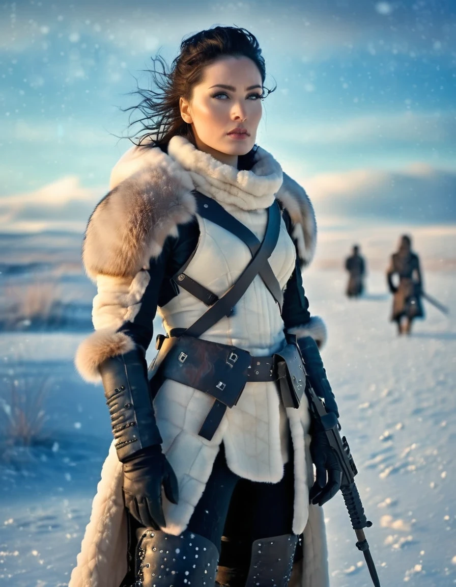 wasteland, Female Warrior Sci-fi Future Fantasy，Movie Stills，Siberia，Vast wasteland，Snow everywhere，Cold night，sci-fi art, in style of Amedeo Modigliani，