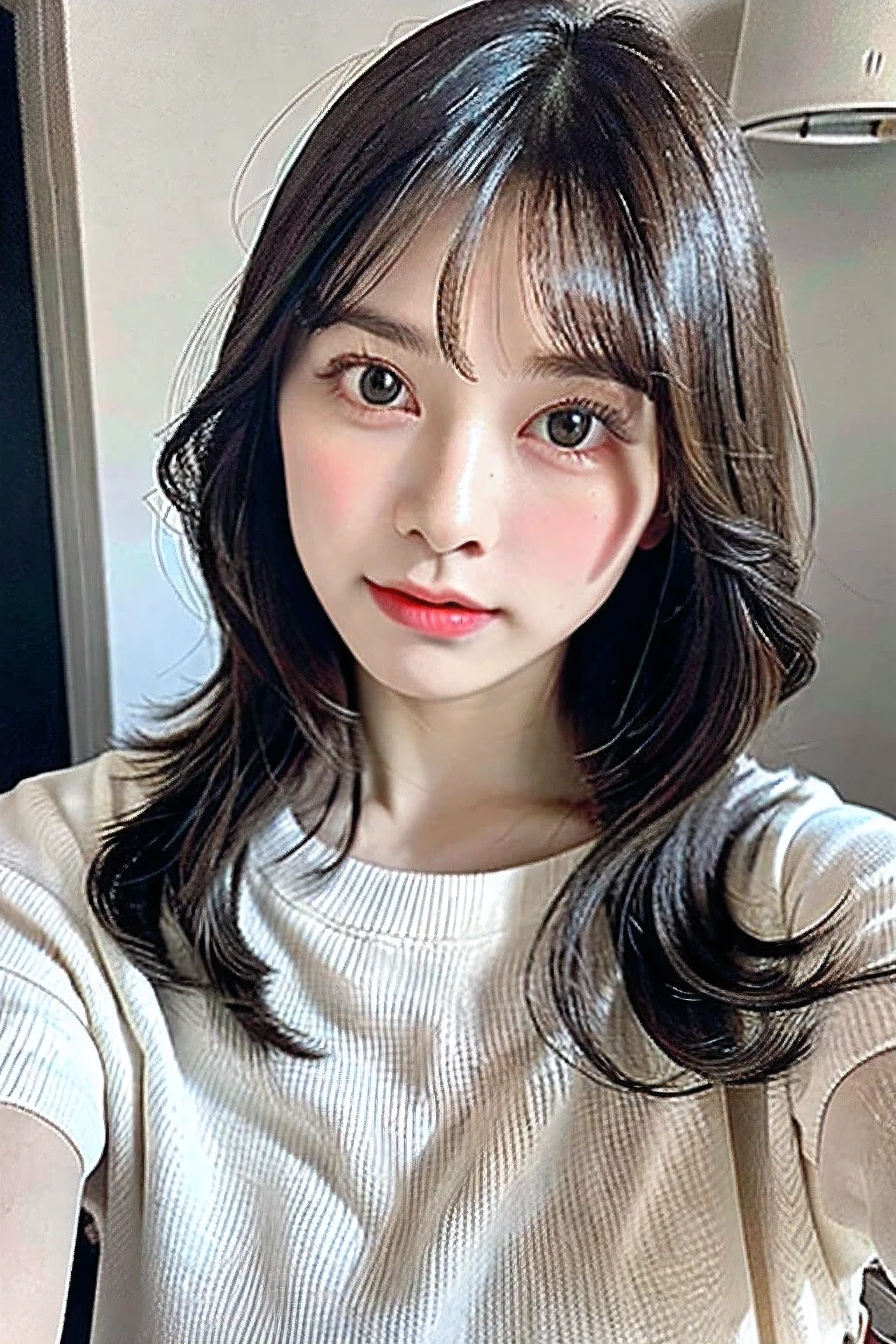 a 20 yo woman,(hi-top fade), ((house studio badroom, photo selfie:1)) , long hair, high contrast, (natural skin texture, hyperrealism, soft light, sharp), masterpiece, top-quality, 超A high resolution, (Photorealsitic:1.4), 32K,beautiful lighting, Raw photography, 8K UHD, A detailed face, A detailed eye,Detailed eyes,Symmetrical eyes,Good balance between the left and right eyes,no-makeup:1.5,beautiful a girl, Cute s,18year old,(((cabelos preto e longos、One-length,with round face,a baby face,Young Face, Narrow eyebrows,round upturned nose,Letter to)))