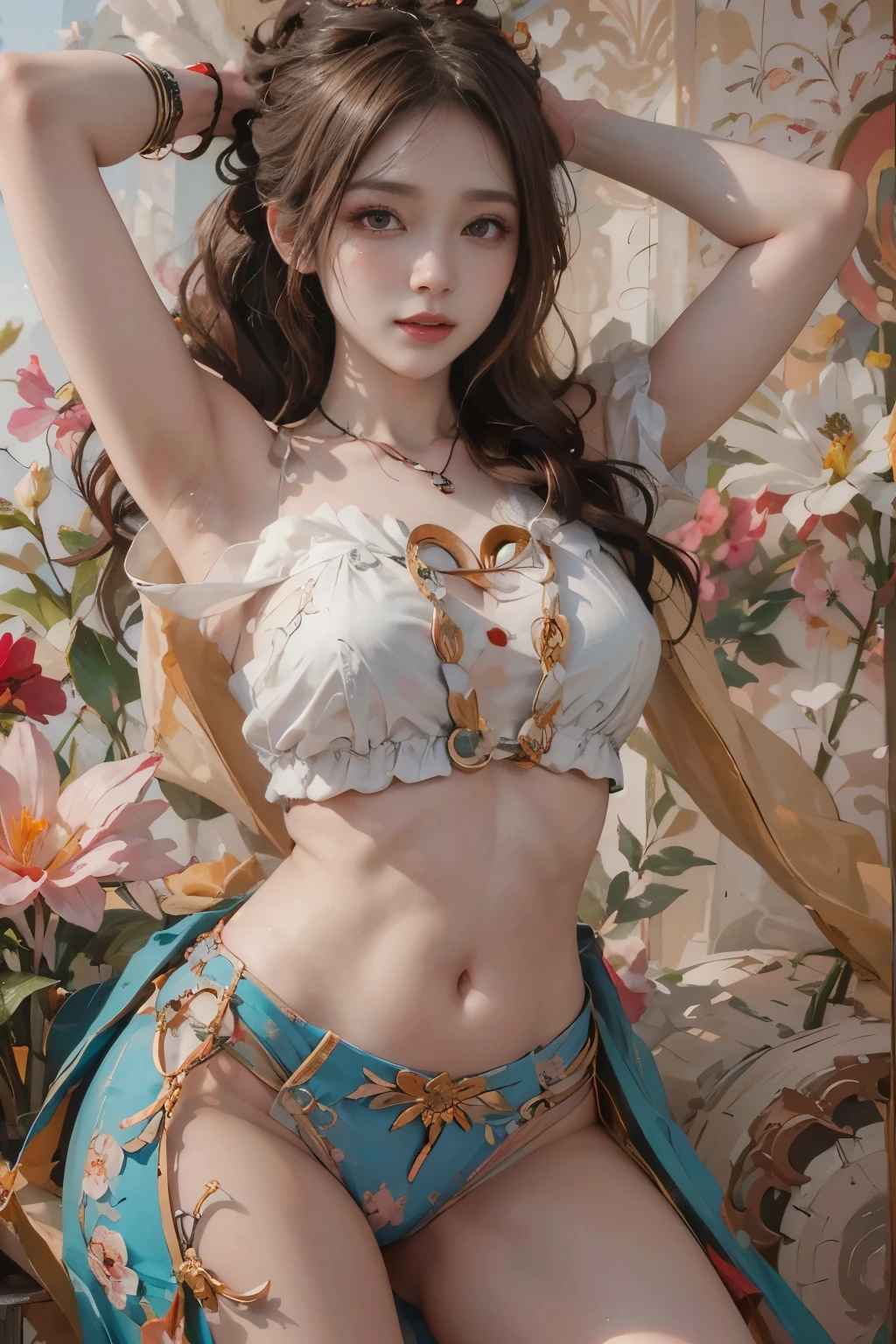 Modify hair only、Face）White clothes，chiffon，Nudity looms，Reddish-brown hair，curls，ponytail，Nice bun，Perfect hairstyle，red headdress，red eyes，red eye，red pupils，Delicate and detailed eyes，clear eyes，Red eyes，huge ，Navel exposed，Beautiful gemstone necklace，Smile，seaside，flowers，Extremely detailed CG unified 8K wallpaper，（high dynamic range：1.4），（），（pastel colors，dim colors，soothing tones： 1.3）blurred background