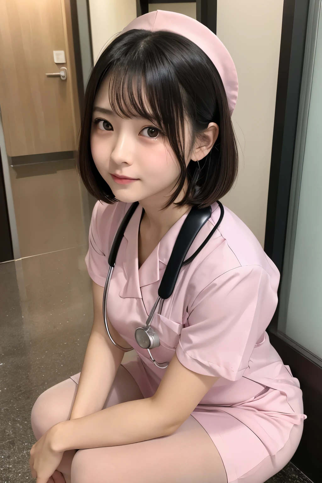 (1 Girl)、(Beautiful Japanese、18years old,round face、Refreshing、clear、seems kind、stylish、Pitiful、cute like an angel、cute、black eyes、,actress,Almond-shaped eyes), Good style , (Beautiful big breasts:1.0),(soft breasts),(very cute),(Black hair),(short bob hair),(enchanting eyes),(highlight on eyes:1.2)、(8K、Live shooting、highest quality、masterpiece:1.2、optimal lighting)、((masterpiece)),(Photo taken by a professional photographer),(real、photo real:1.4),break,{ (pink nurse costume),(((taraditional nurse uniform))),(pink nurse mini skirt),(( pantyhose)),(cleavage:0.7)},(Crying :1.3),(tears:1.4),(cheeks are red:1.2), break, break,Hospital,Face shot:1.3、Hospital corridor、Looking at viewer, face close-up,from below,squatting