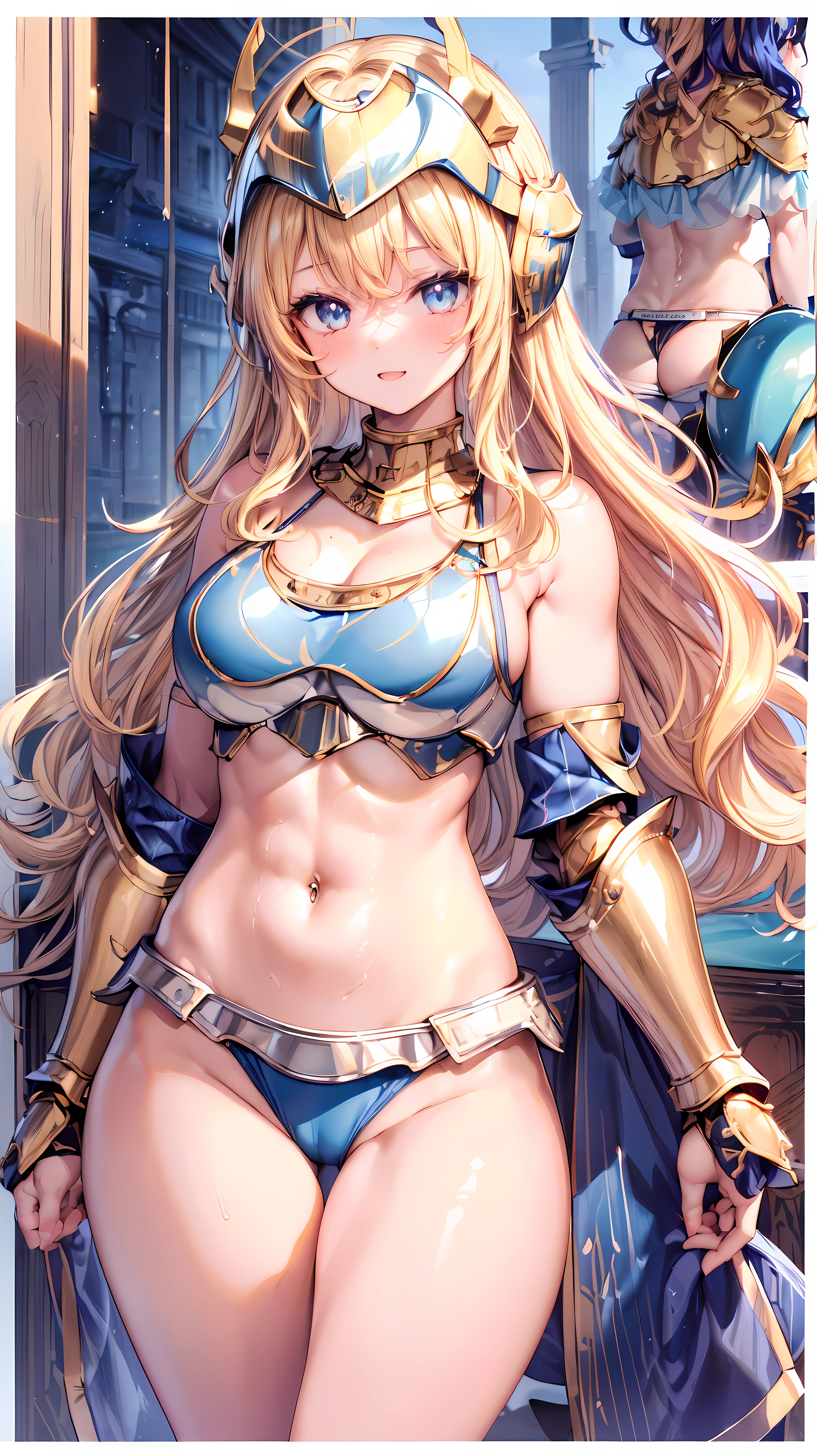 Very detailed、highest quality、Best image quality、masterpiece、8k、Anime Face、A kind smile、Open your mouth、Sparkling blue eyes、(Blonde wavy hair:1.5)、、Muscles of the whole body、camisole、Thigh belt、mini skirt、(Wearing gold  armor:1.5)、(Cowboy Shot:1.5)、(Leg armor:1.5)、(Wearing a helmet:1.5)