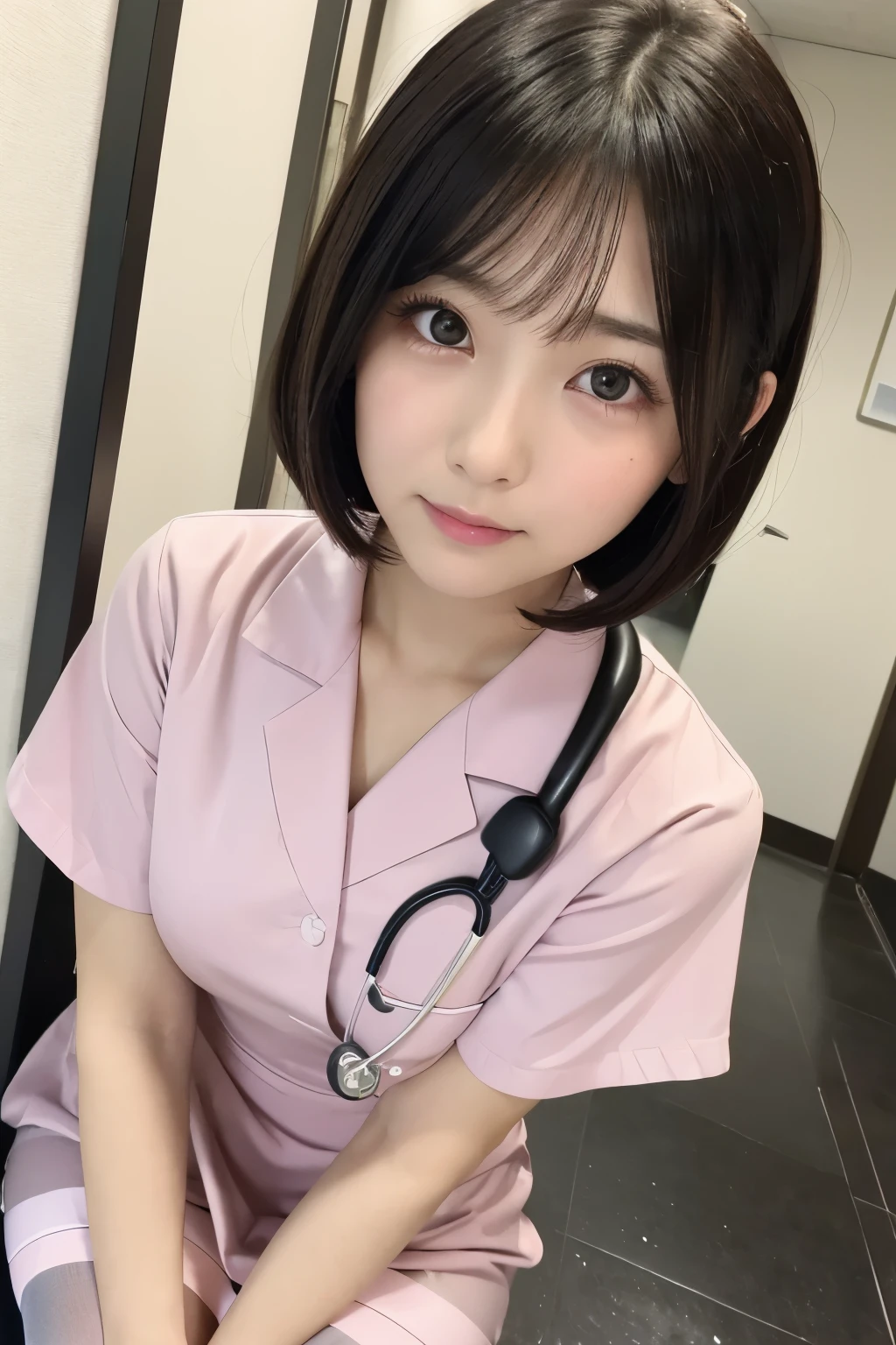 (1 Girl)、(Beautiful Japanese、18years old,round face、Refreshing、clear、seems kind、stylish、Pitiful、cute like an angel、cute、black eyes、,actress,Almond-shaped eyes), Good style , (Beautiful big breasts:1.0),(soft breasts),(very cute),(Black hair),(short bob hair),(enchanting eyes),(highlight on eyes:1.2)、(8K、Live shooting、highest quality、masterpiece:1.2、optimal lighting)、((masterpiece)),(Photo taken by a professional photographer),(real、photo real:1.4),break,{ (pink nurse costume),(((taraditional nurse uniform))),(pink nurse mini skirt),(( pantyhose)),(cleavage:0.7)},(Crying jaw:1.3),(cheeks are red:1.2), break, break,Hospital,Face shot:1.3、Hospital corridor、Looking at viewer, face close-up,from below,squatting