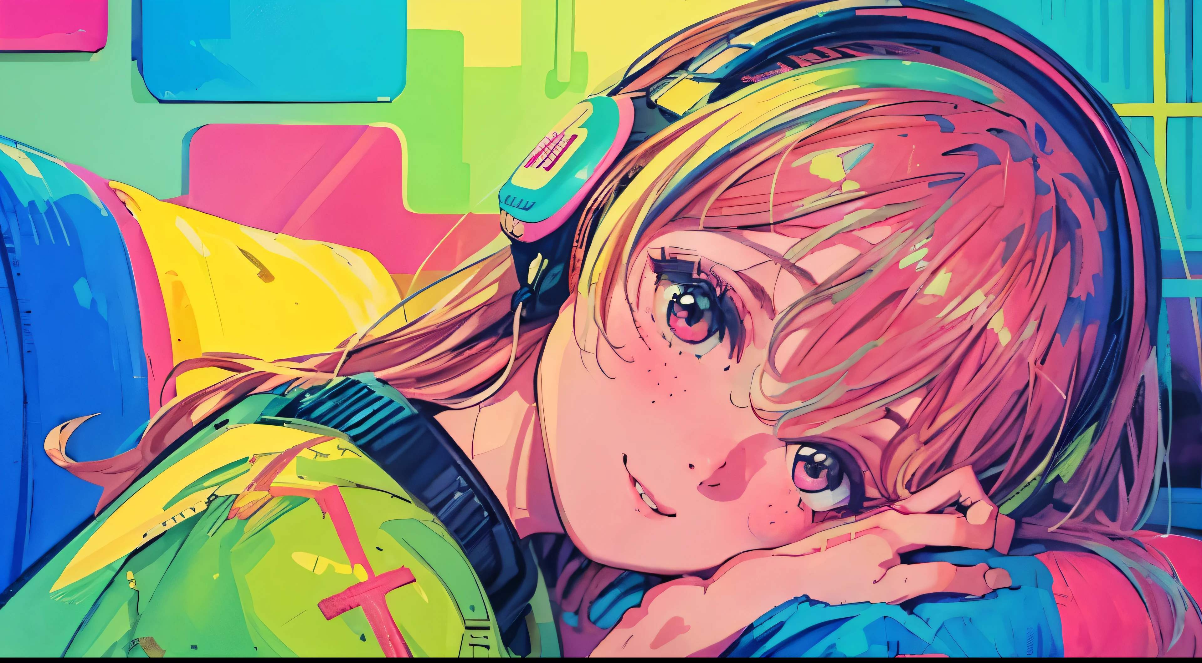 highest quality, 4k wallpaper, masterpiece, Very detailed CG Unity 8k wallpaper, Very fine grain, Very detailed, Intricate details, Close-up of one happy girl in the center, Retro art style, neon_Pop Art Style, indoor,Relax on the sofa,headphone，cushion