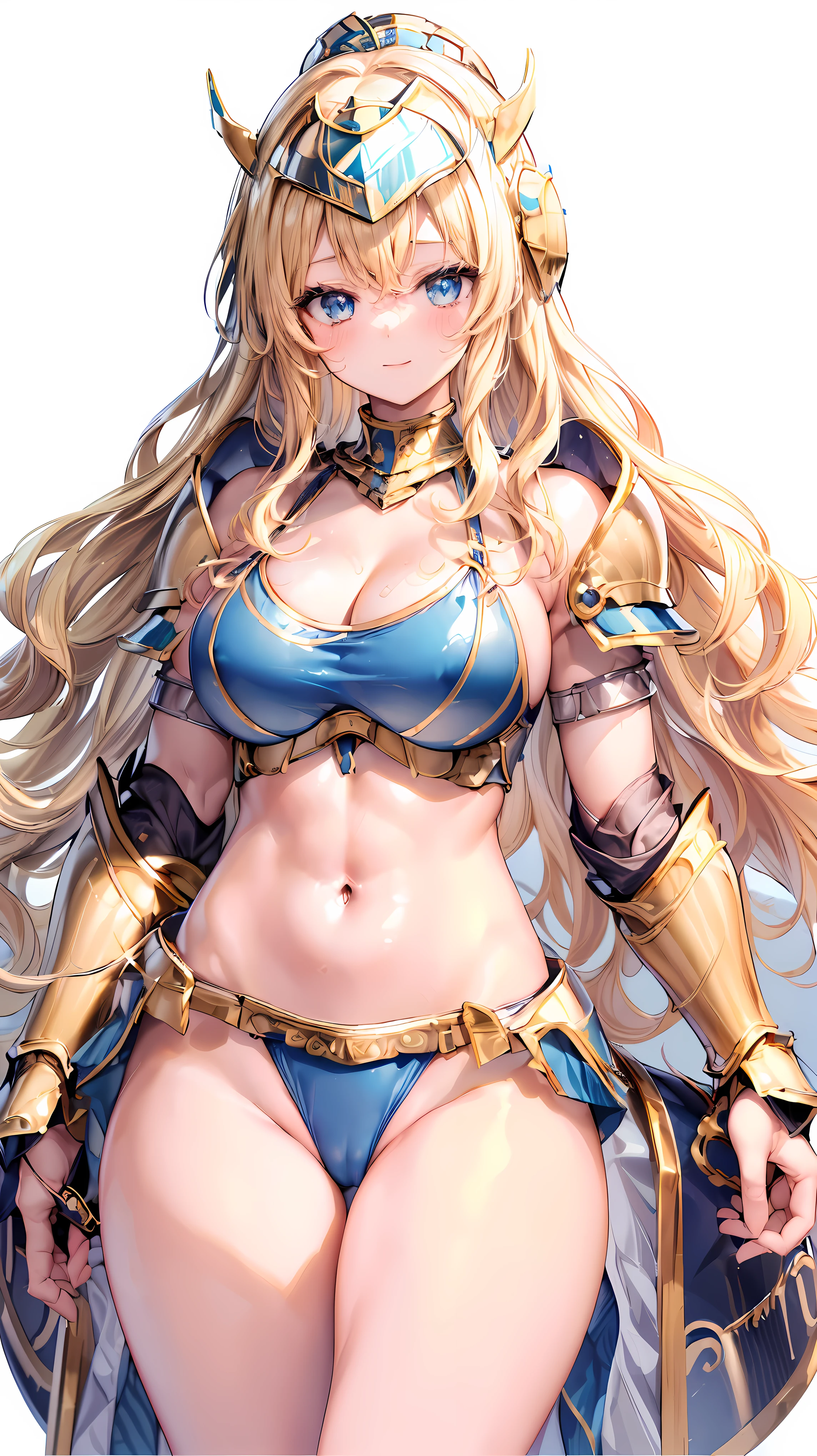 Very detailed、highest quality、Best image quality、masterpiece、8k、Anime Face、A kind smile、Open your mouth、Sparkling blue eyes、(Blonde wavy hair:1.5)、、Muscles of the whole body、camisole、Thigh belt、mini skirt、(Wearing gold bikini armor:1.5)、(Cowboy Shot:1.5)、(Leg armor:1.5)、(Wearing a helmet:1.5)