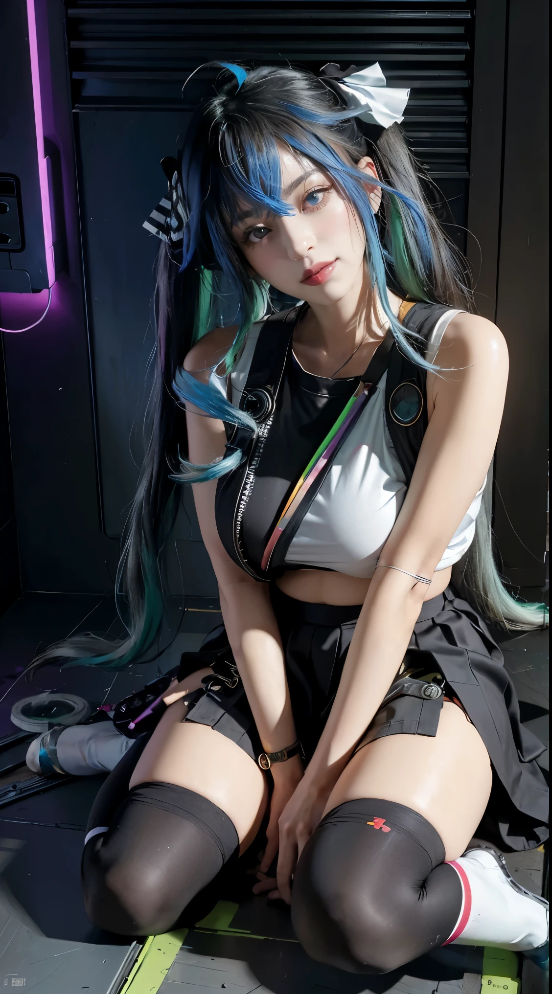 Amazing image quality、Amazing quality、Inside the ruins、Only one woman in her 20s、Show the whole body、Full body shot、(((Her hair is in rainbow-colored twin tails)))、(())、((((Cyberpunk-style thief outfit))))、(((Black mini skirt)))、((Absolute area))、(((White over-knee socks)))、((One hand is a piece))、smile、A cunning attitude、cute posture、Sit with your legs apart、((twin tails))、(((A little plump body)))、((anis))、(((Twin Turbo)))