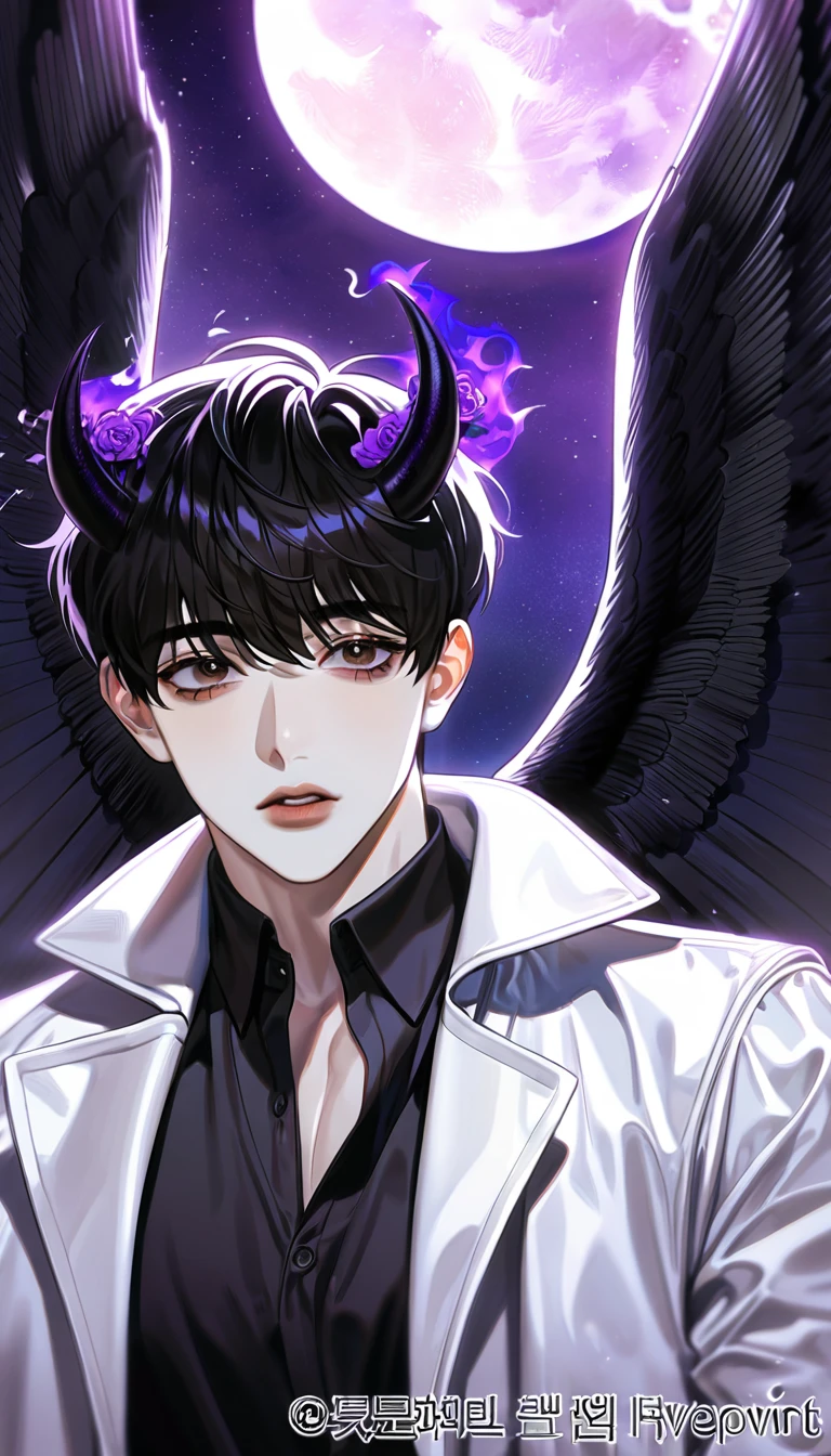 (absurdres, highres, ultra detailed, HDR) master piece, best quality, perfect face, Kim Dokja, black hair, expressive brown eyes, Omniscient reader's viewpoint, solo, y man, handsome, white coat, black shirt, black horns, black angel wings, purple moon, purple flames, purple butlies, purple roses, starry sky