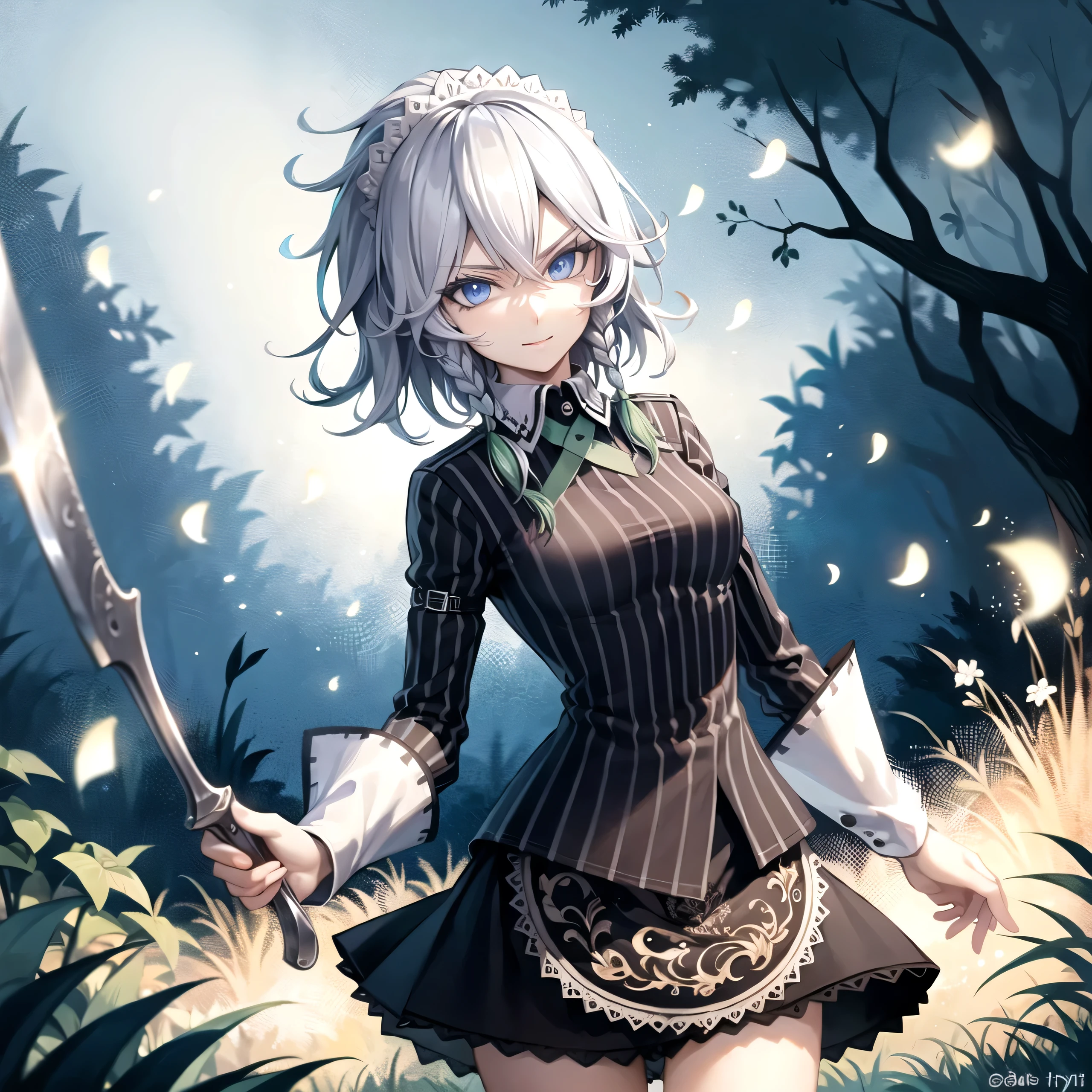 detailed background, masterpiece, best quality, , a forest full of purple and white trees, fireflies, water, purple theme, white theme, mystical, magical, 1girl, solo, sakuya izayoi, silver hair, maid dress, white apron, very short skirt, sexy pose, flying knive, holding knife, sleeveless outfit, detailed face, detailed eyes, fresh blue eyes, big green ribbons, blue outfit, small-to-medium breasts, white hair