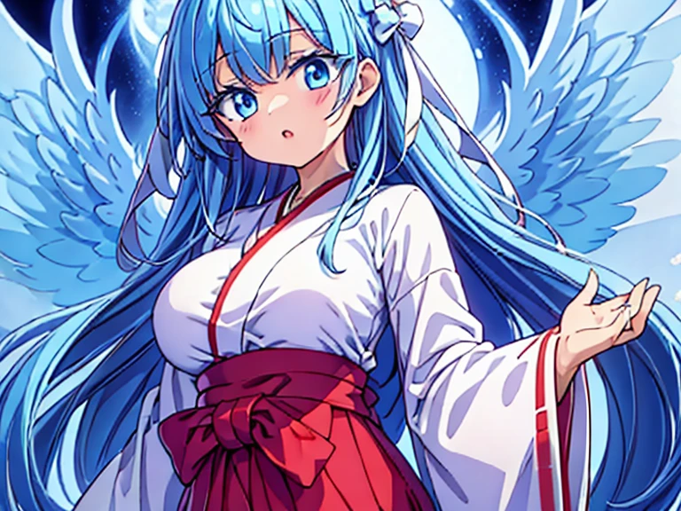 highest quality　High resolution　White ribbon　Shoelace knot、Reaching Out,close-up head　 シンプルなShrine maiden服　Shrine maiden服　Anime style illustrations　Shrine maiden　cute　Big Breasts　Scarlet hakama　Bright Blue Eyes　Hime cut 　One Woman　Light blue hair　semi-long　Wide sleeves　Long hem　cute目　Fantastic background